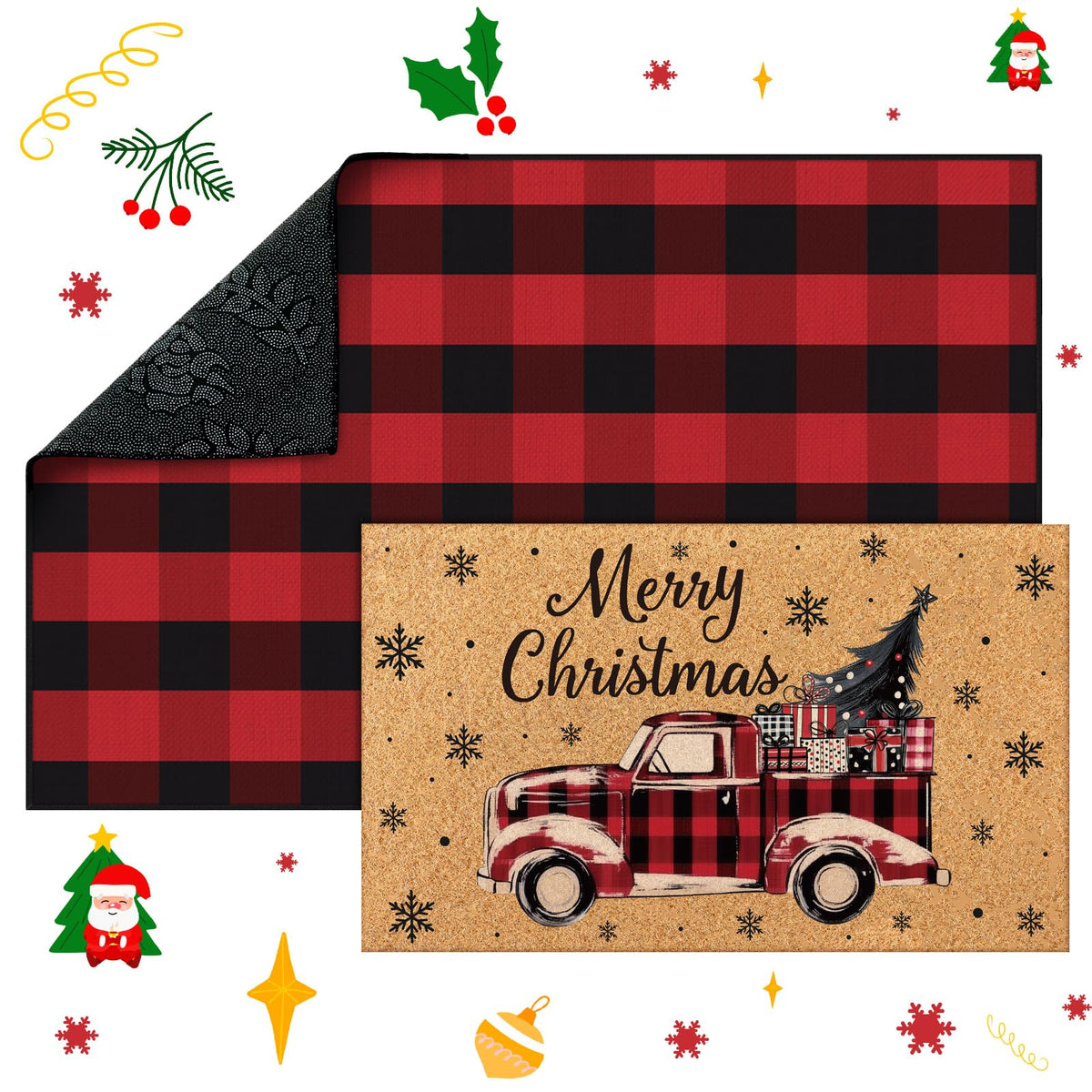 Fourluoo 2 Pcs Christmas Front Porch Rug Buffalo Plaid Christmas Door Mat Imitation Coco Coir Red Truck Xmas Welcome Layering Rug for Outdoor Winter Home Festival Holiday Decor, 28 x 43 Inch