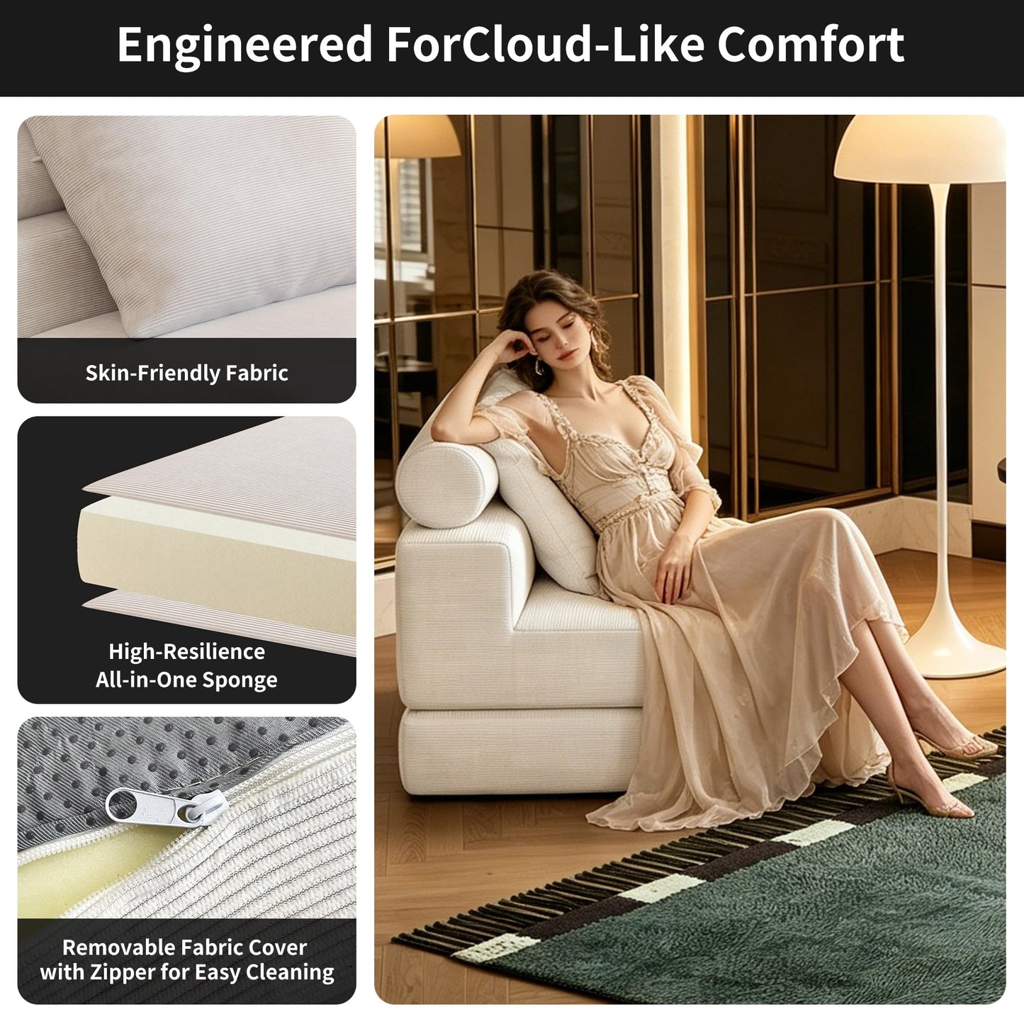 Folding Sofa Bed, Convertible Sleeper Chair with Memory Foam, Pillow & Back Support – Boneless Foldable Futon Couch, Floor Mattress Single Size Lounge for Living Room, Guest Room or Home Office