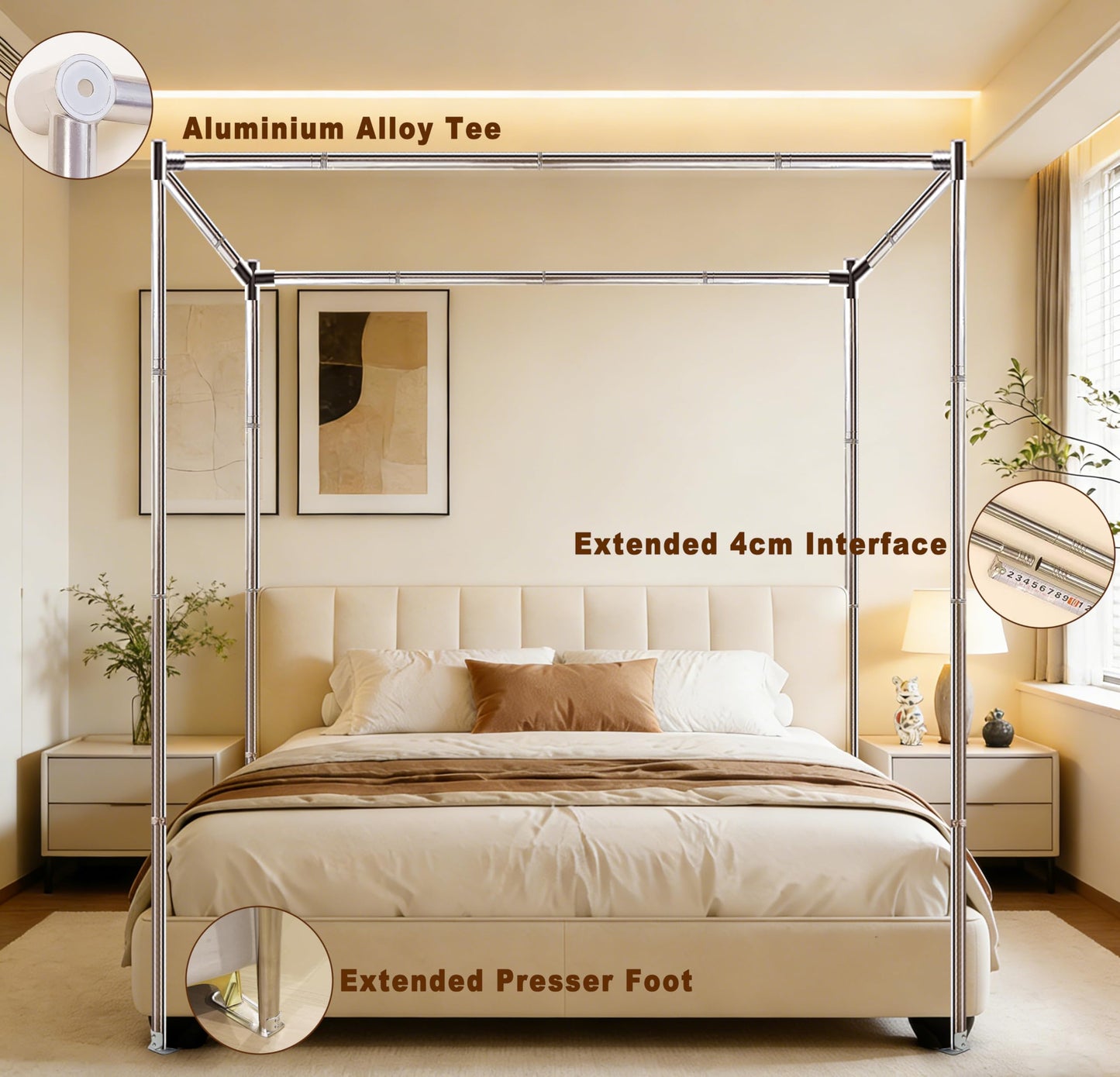 KEVIDA Queen Size Canopy Bed Frame, Stainless Steel Bed Post Poles with Aluminum Connectors Thicken Canopy for Wood or Metal Beds Bedroom Decor