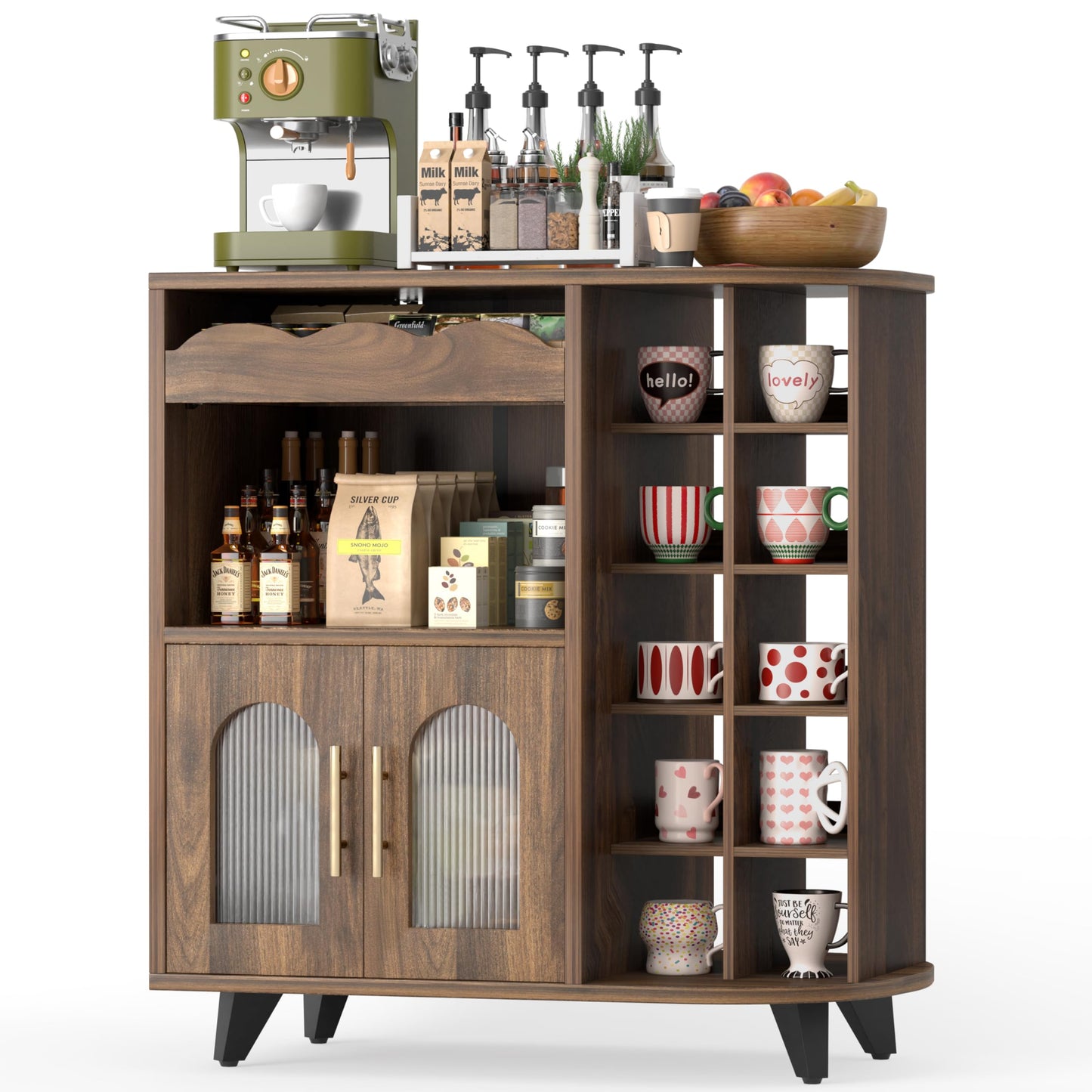 VINAEMO Coffee Bar Cabinet with 24-Cup Display, Large Drawer & Storage,Modern Buffet Sideboard for Kitchen, Medium Wooden Bar Station for Apartment，Walnut