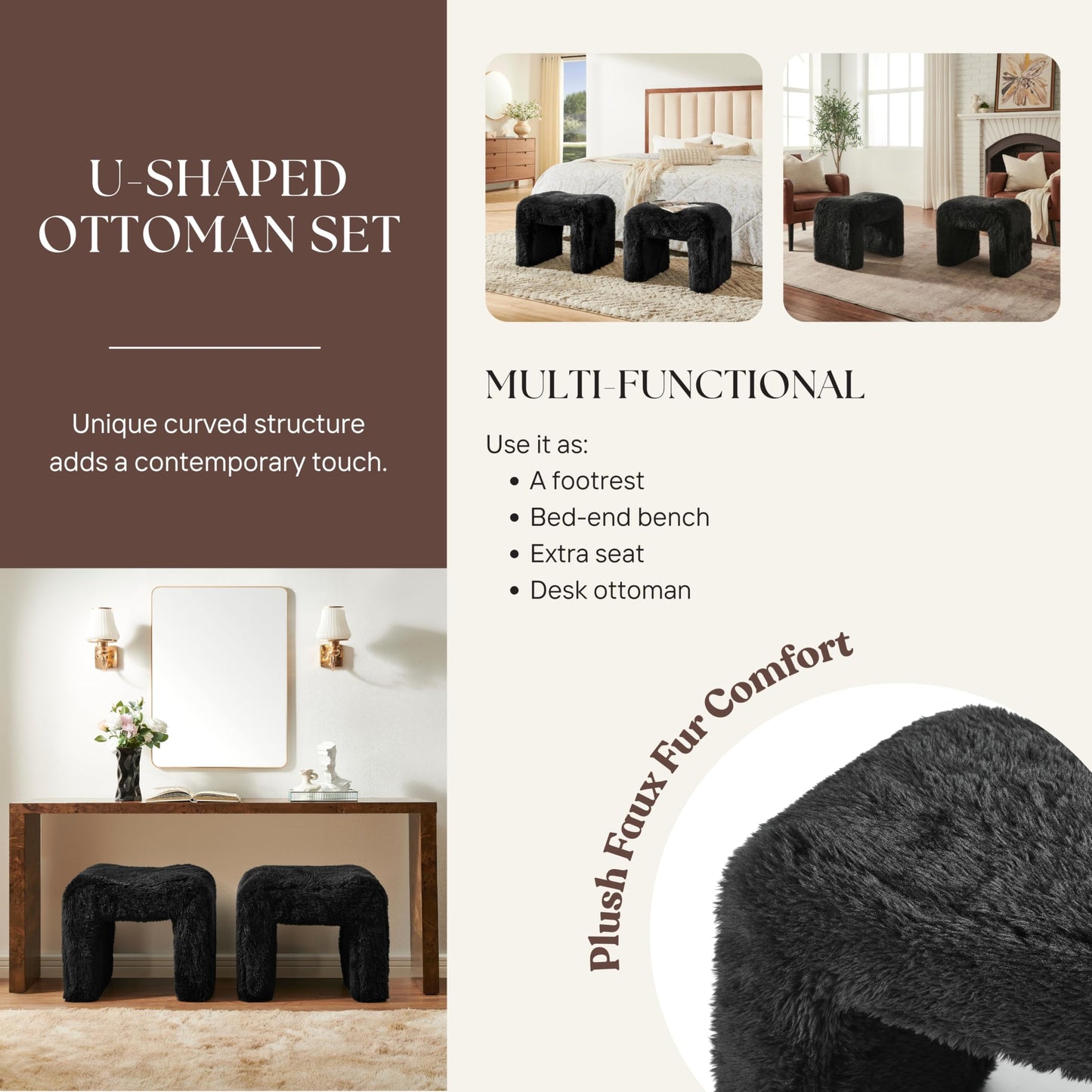 Roundhill Furniture Zorya Contemporary Faux Fur U-Shaped Ottoman, Set of 2, Black
