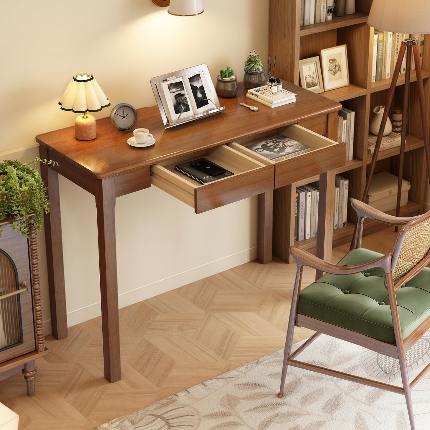 LuxeSand 100% Solid Wood Desk with Drawers 39 x 15 Inch Mid Century Modern Desk Vintage Small Writing Wooden Desks for Small Spaces Bedroom, Living Room, Office