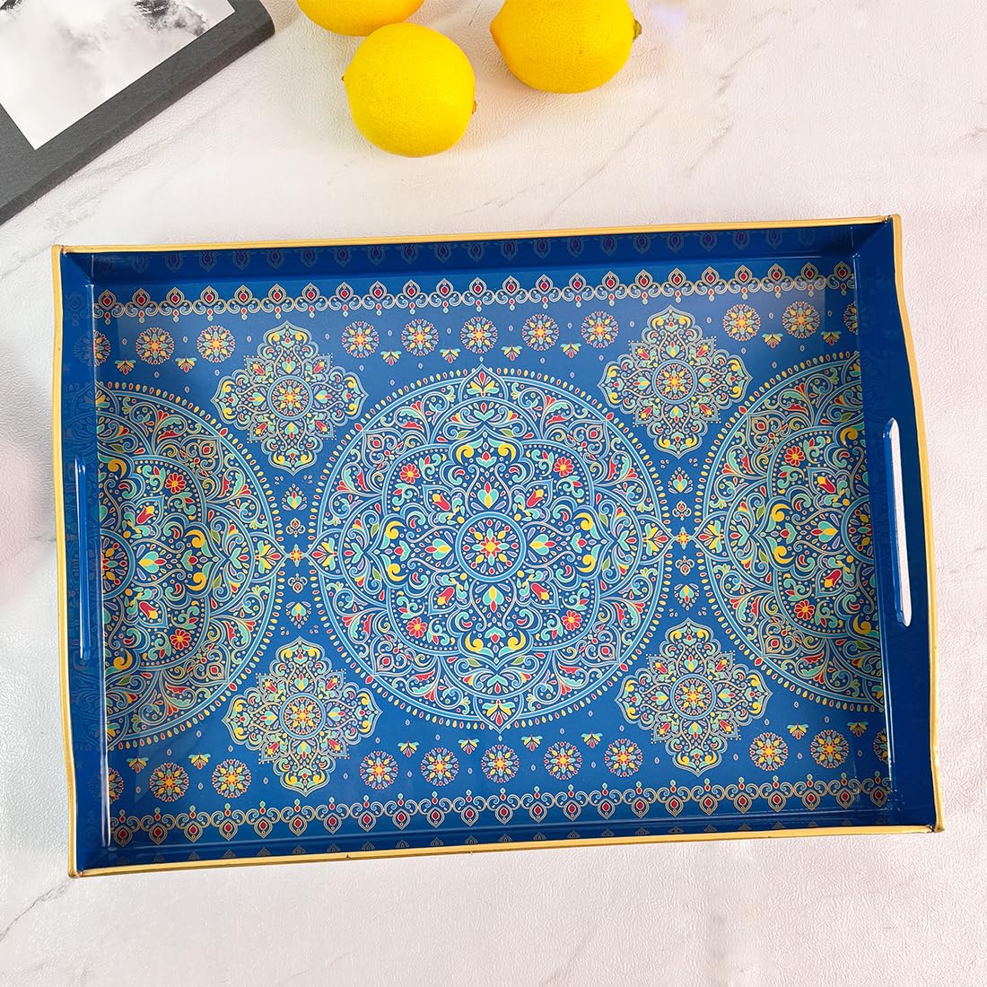 Umisriro Boho Blue Decorative Tray, Serving Tray with Handles, Plastic Tray for Coffee Table, Ottoman - Ideal for Living Room & Bathroom. 15” x 11” x 2.5”