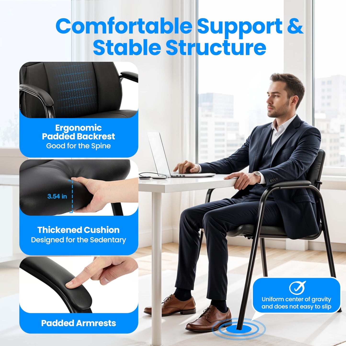 Simple Deluxe Office Guest Chair with Padded Armrests (No Wheels), Stationary Leather Reception Chair for Waiting Room, Conference Room, Lobby, Home, Desk Side & Dining, Black