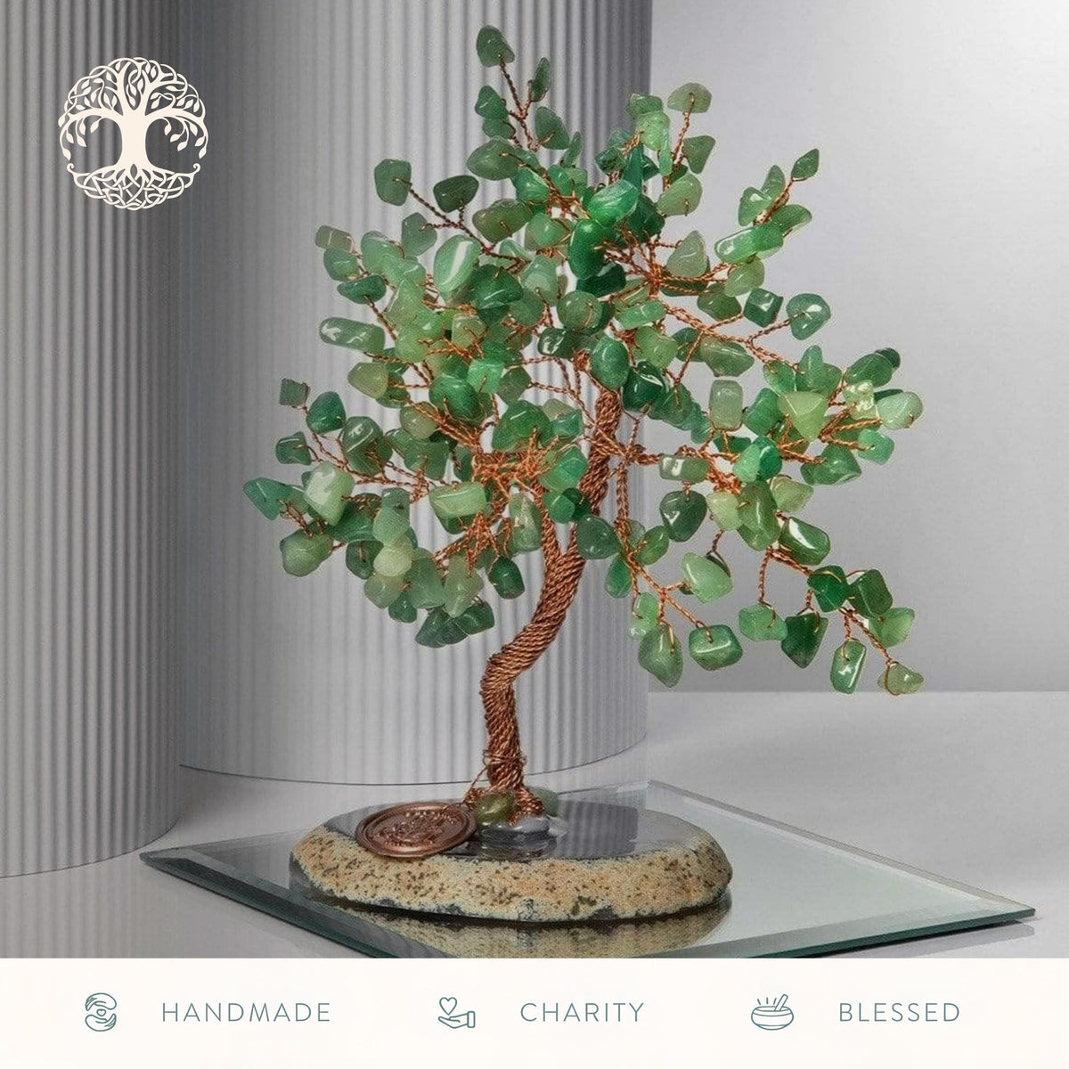 KARMA AND LUCK Jade Crystal Tree of Life, Feng Shui Money Tree Decor with Natural Jade Gemstones, Copper Wire Bonsai Tree on Agate Base, Spiritual Home, Office, Desk Decor Gift, 10" Large