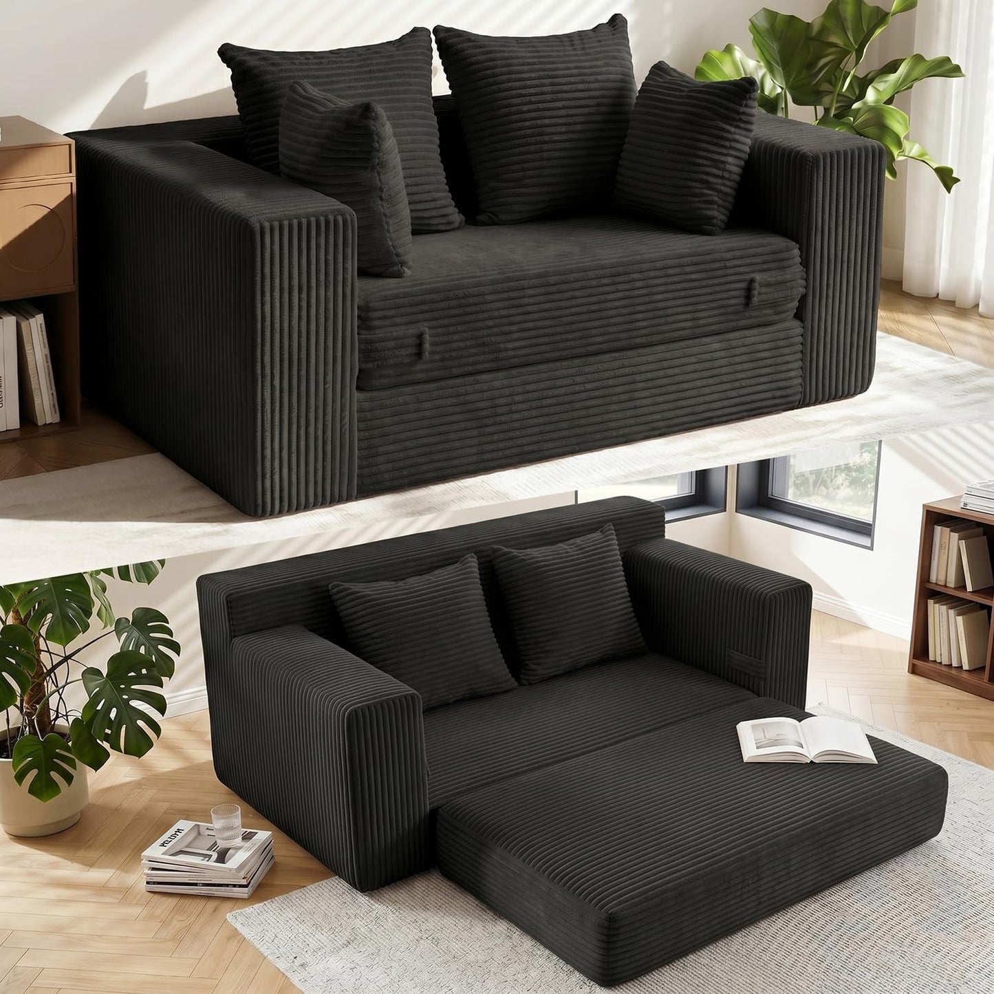 AOLVDOW Convertible Sofa Bed, 5 in 1 Small Boneless Couch Pull Out Loveseat Sleeper Sofa,Corduroy Futon Couch Folding Mattress with 4 Pillows for Living Room (Black, 56INCH)