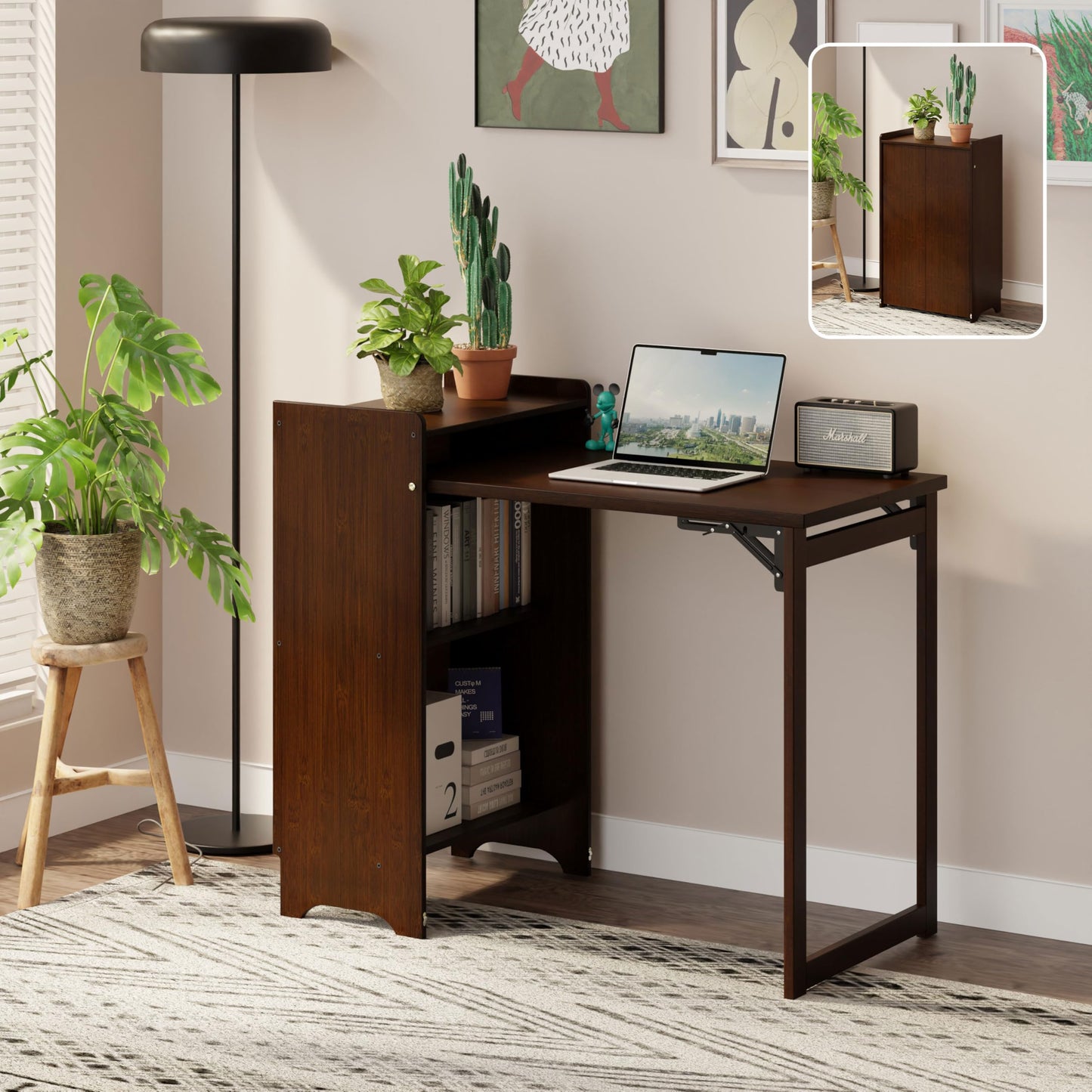 HDDFER Bamboo Folding Desk for Small Spaces,Hidden Desk with Storage Shelf, Foldable Computer Desk for Bedroom Home Office, Mid Century Modern Fold Out Table Writing Table, Walnut