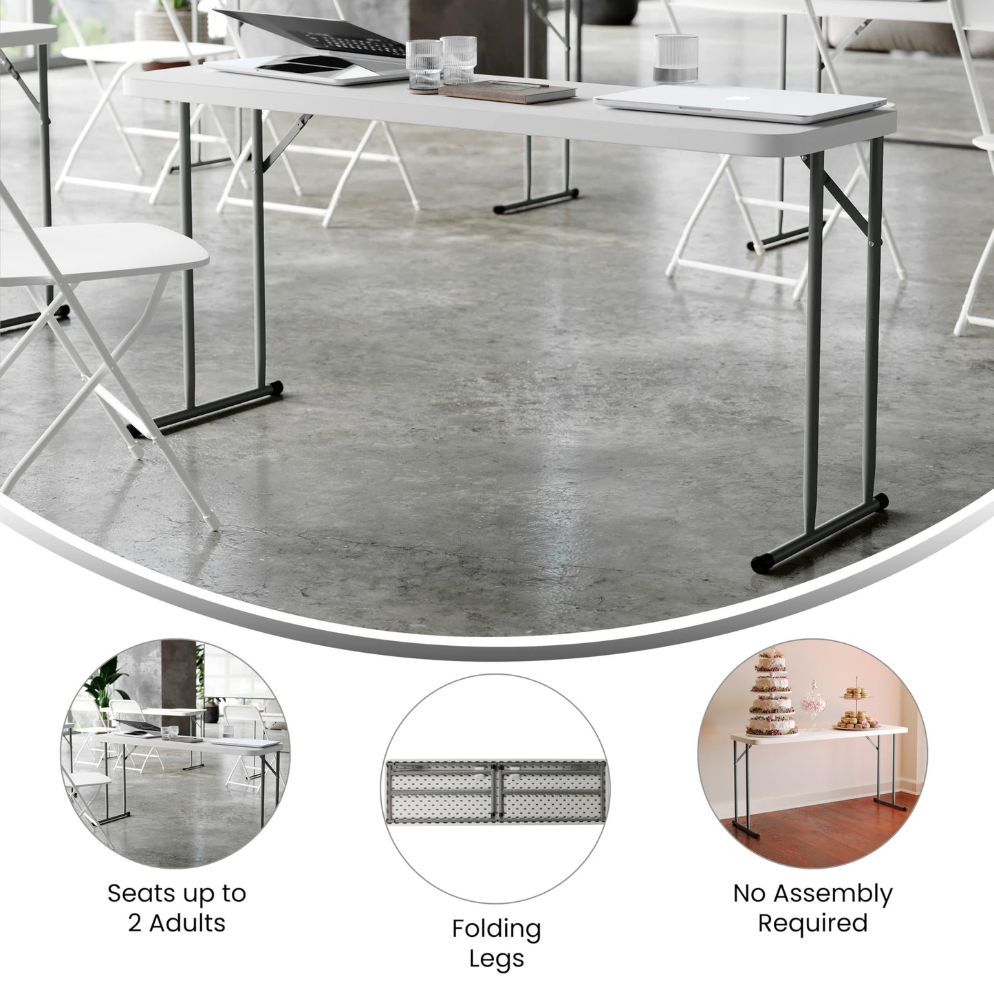 Flash Furniture Kathryn 5' Rectangular Plastic Folding Table, Long Plastic Foldable Table for Indoor/Outdoor Events, White