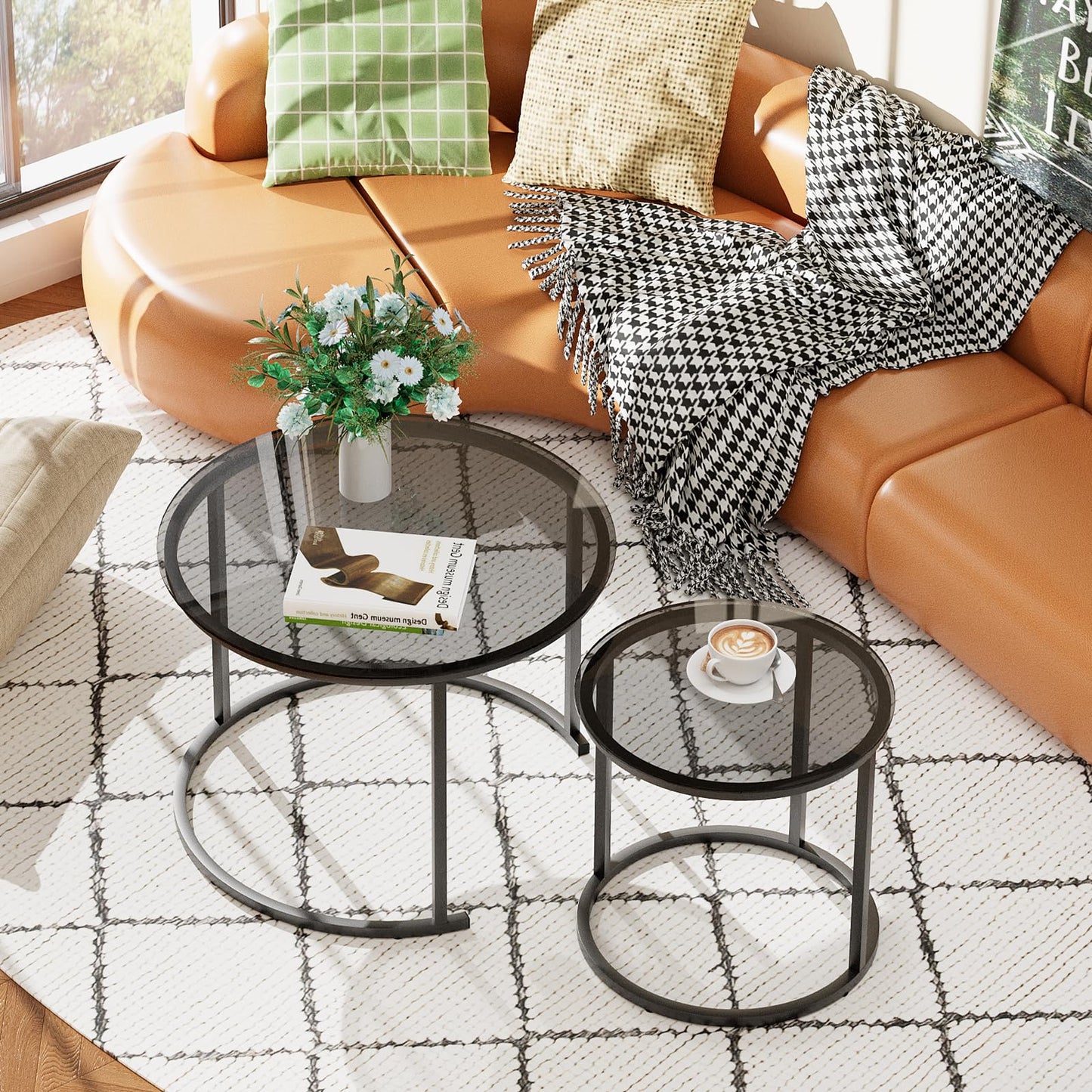 aboxoo Nesting Coffee Table Grey Glass Table Set of 2, Small Round Glass Nesting Tables for Living Room Bedroom, Accent Tea Table with Metal Frame Modern Industrial Simple