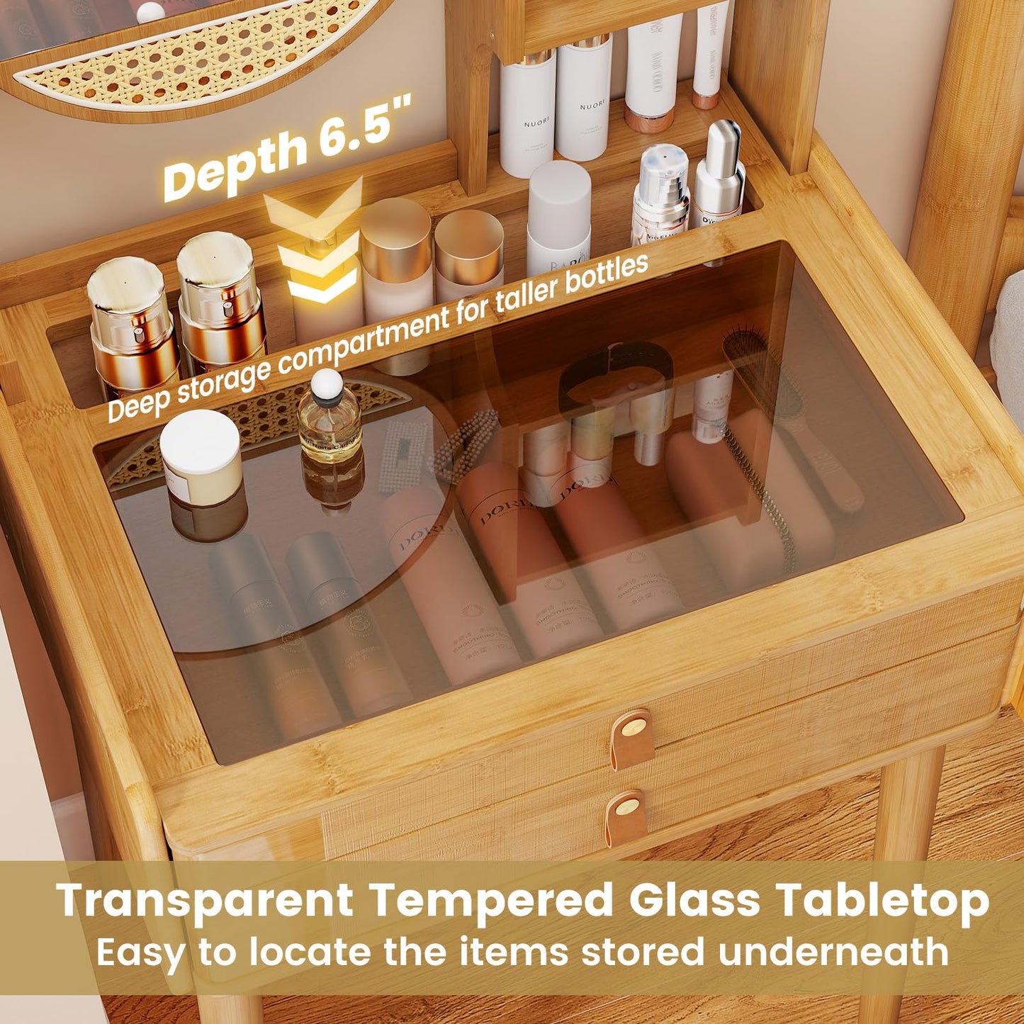 COSTWAY Vanity Desk with Mirror, Bamboo Makeup Vanity Set w/ 2 Drawers, 2 Shelves, Tabletop Storage Compartment & Clear Tempered Glass Tabletop, Small Bedroom Dressing Table for Adult Teens