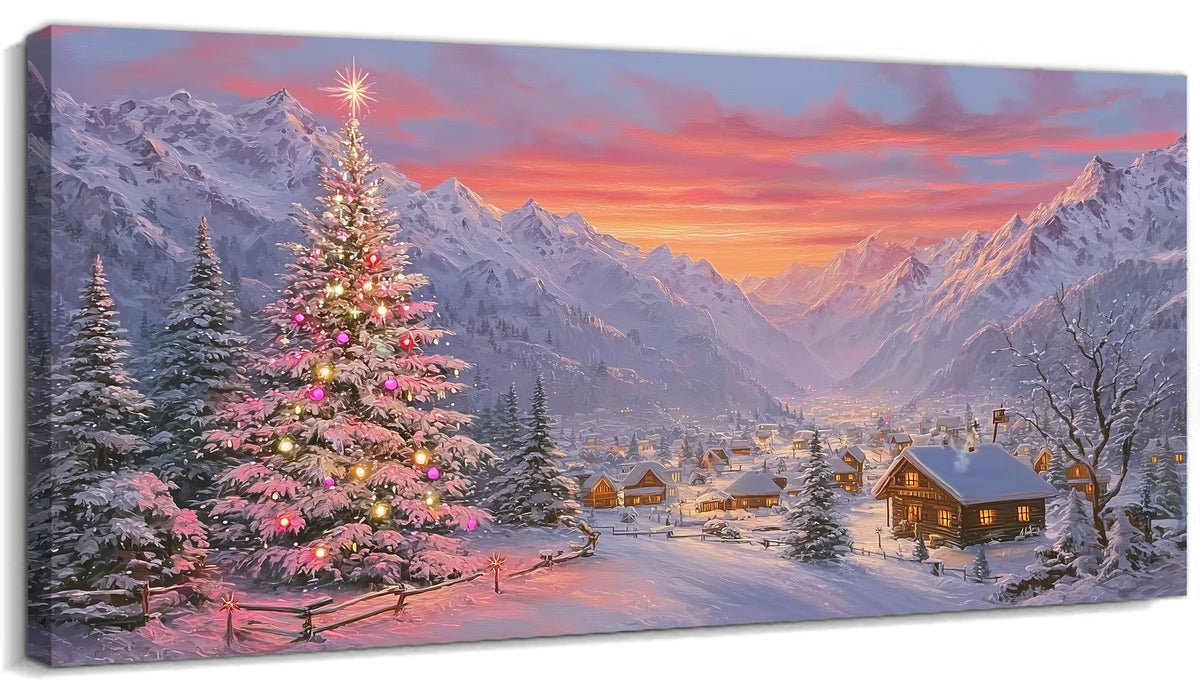 GUTTATY Christmas Canvas Wall Art, Santa Inspired Snow Scene Canvas Painting, Holiday Village Wall Decor, Festive Sunset Poster Print for Living Room, Bedroom, Indoor Christmas Decorations, 32x16 Inch