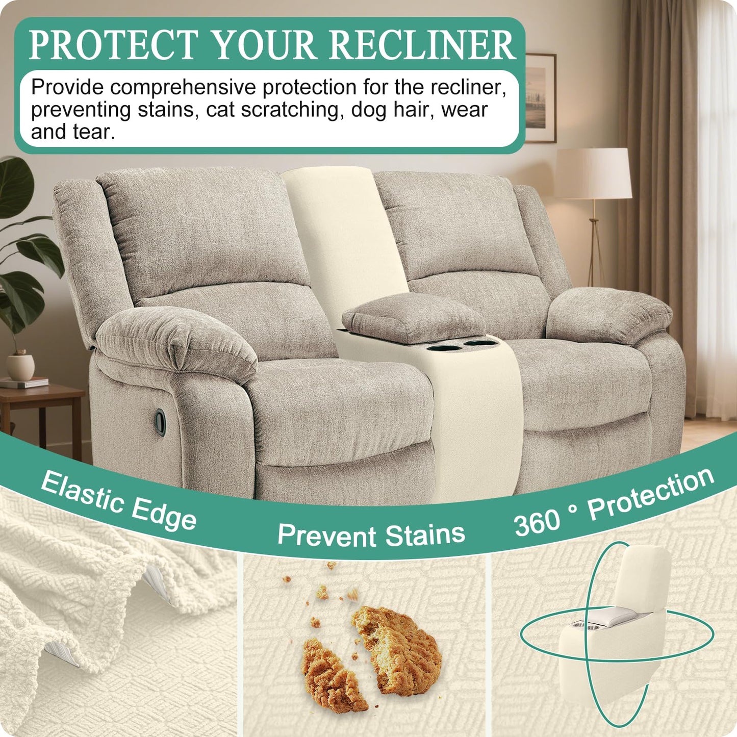 ROFASVCO Waterproof Reclining Sectional Couch Covers Washable L Shaped Couch Cover for Sectionals Recliner Sofa Covers Stretch Corner Recliner Slipcovers for Dogs (Console Cover, Beige)