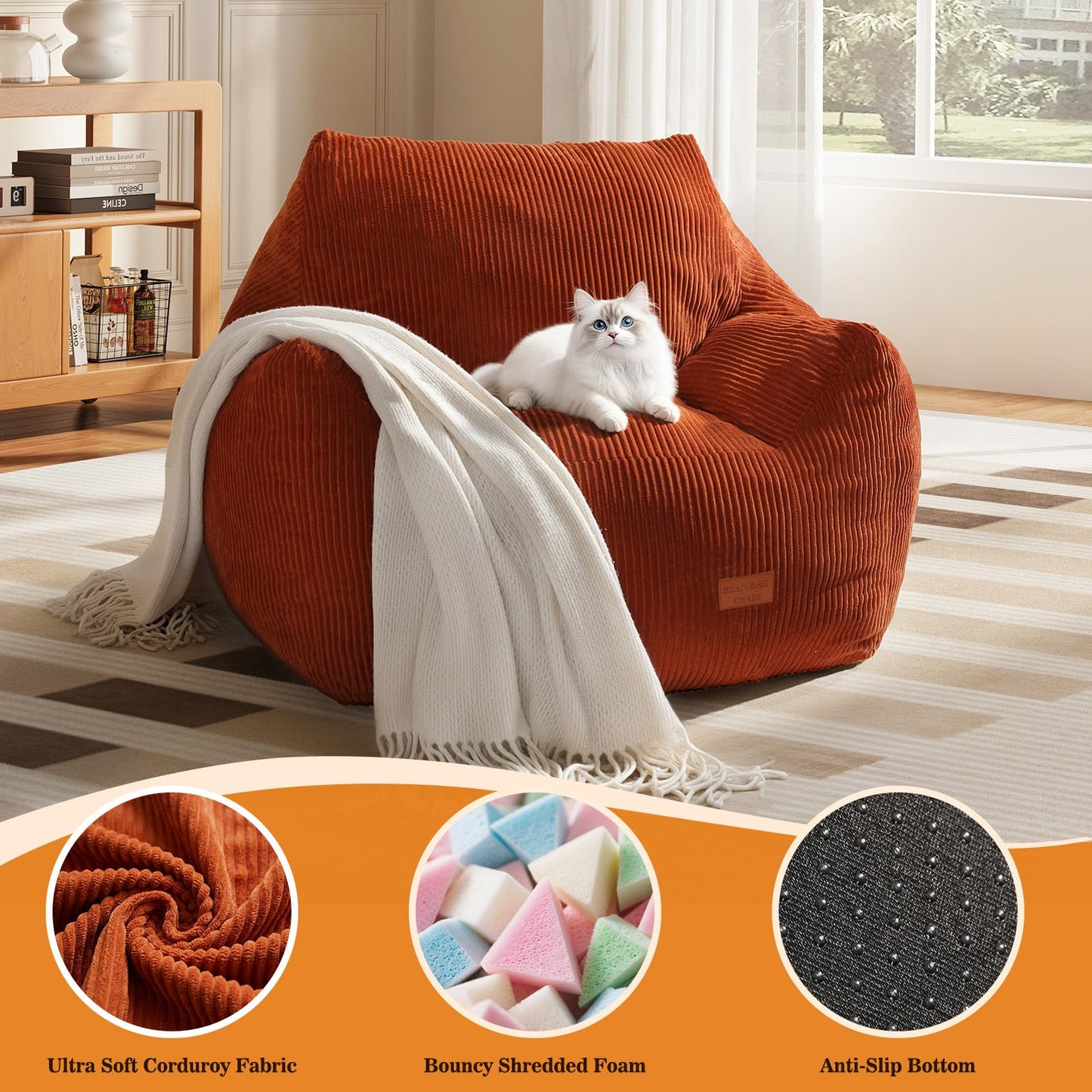 Vellorise Big Bean Bag Chair for Adults, Ultra Soft Living Room Bean Bag with Armrests, Stuffed BeanBag Chair for Napping, Gaming, Vacuum-Compressed for Easy Gifting, 48 Hours to Fluffs Up, Orange