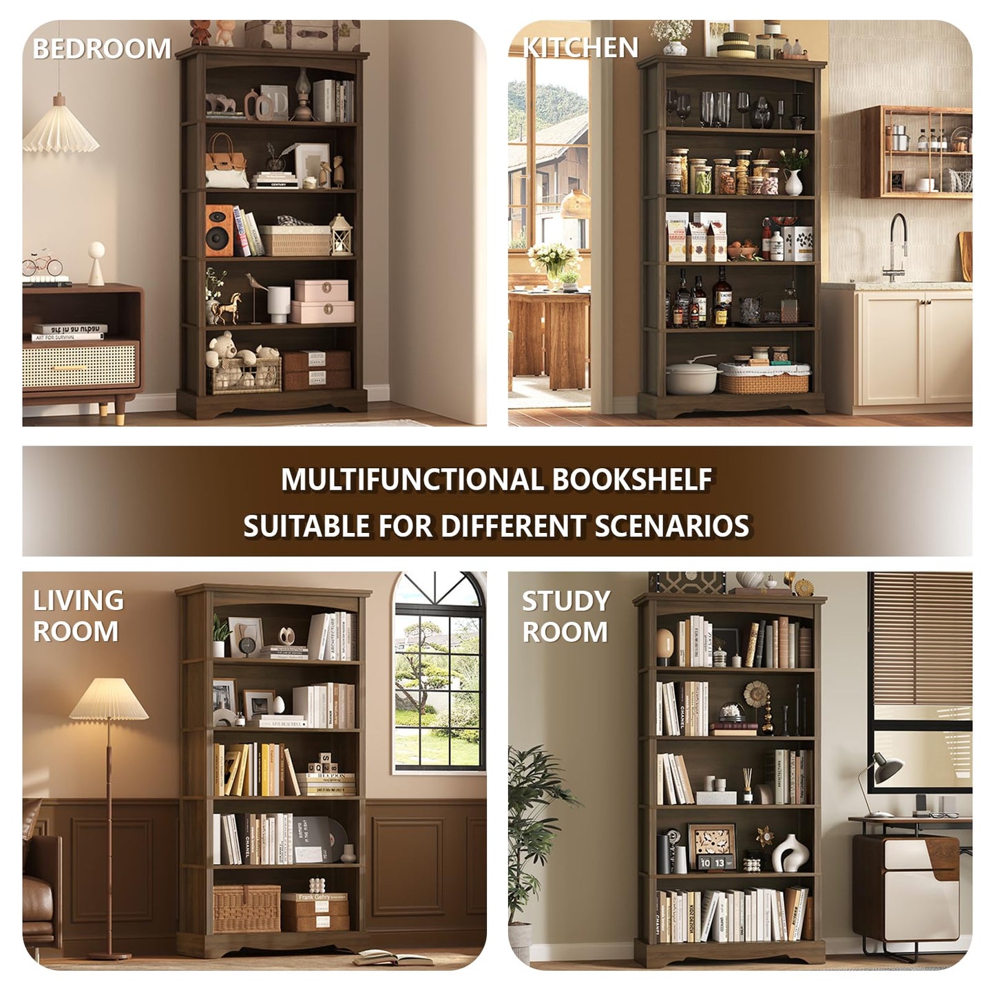 TVU 5-Tier Wooden Bookshelf, 31.5" W x 65" H ×9.9" D Bookshelf with Storage, Floor Standing Modern Style Display Bookcase for Living Room, Office, Study Room, Entryway, Brown