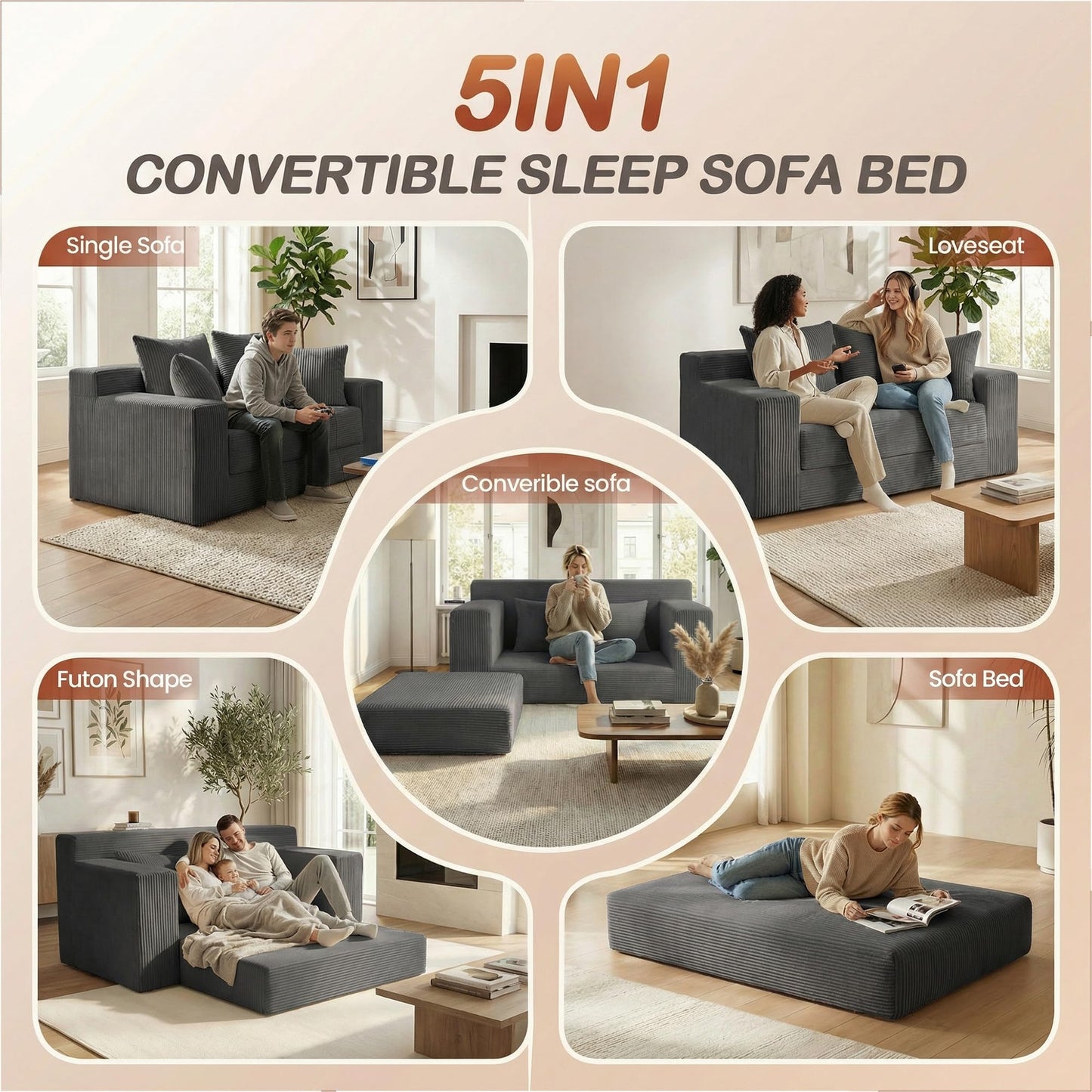 AOLVDOW Convertible Sofa Bed, 5 in 1 Small Boneless Couch Pull Out Loveseat Sleeper Sofa,Corduroy Futon Couch Folding Mattress with 4 Pillows for Living Room