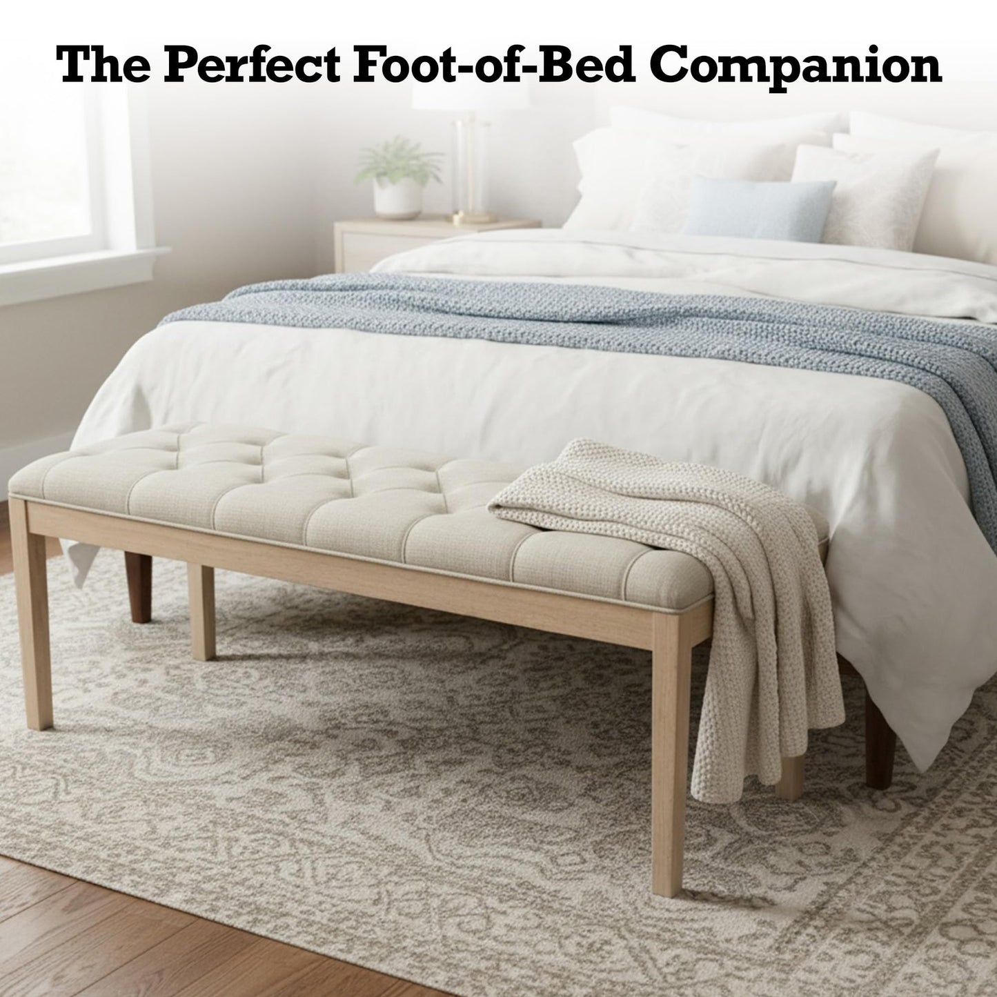 Lux Home Upholstered Bench - French Contemporary Designer Style, Rubber Wood Frame & Premium Linen | Foot of Bed, Living Room Accent or Entryway Seat (Beige, 31-1/2"W)