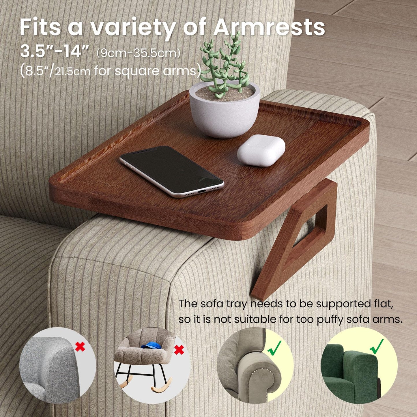 Danfoxer Couch Arm Tray,Bamboo Folding Sofa Tray,Sofa Armrest Tray Clip-On Couch Desk for Drinks,Snacks,Phone,Remote Control（Brown）