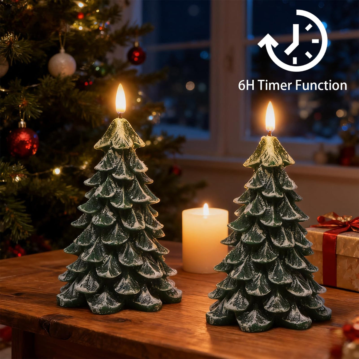 Wondise Christmas Tree Flameless Candles with 6H Timer, 2 Pcs Real Wax Battery Operated LED Candles Flickering, 3D Wick Green Electric Candles for Christmas Holiday Decorations