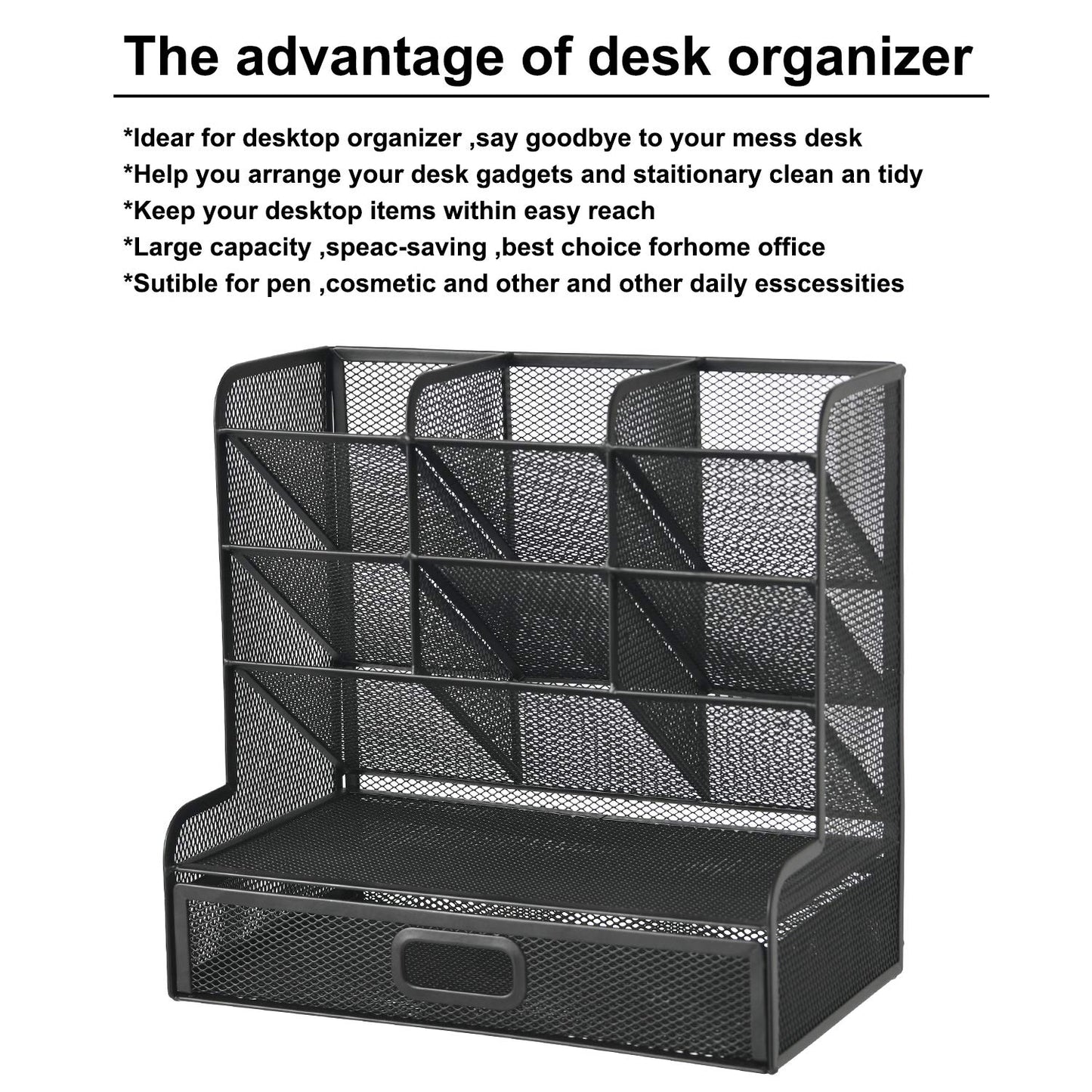 Marbrasse Mesh Pen Holder for Desk, Multi-Functional Pencil Organizer with Drawer, Desk Organizers and Accessories for Office Art Supplies (Large Black)