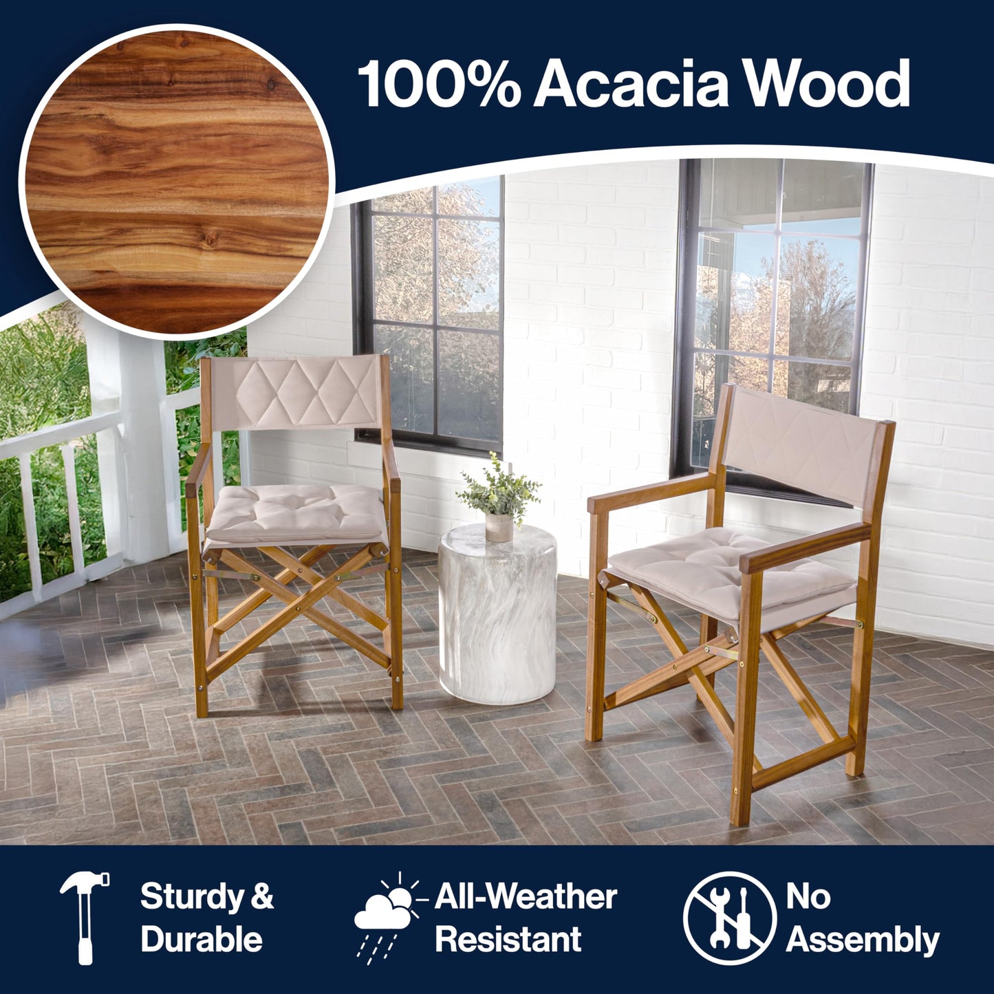 JONATHAN Y Waldo Acacia Wood Outdoor Director Chair Set of 2 for Patio & Balcony, Foldable Coastal Armchair with Beige Diamond-Quilted Cushions, Teak Brown DRC1002A-SET2