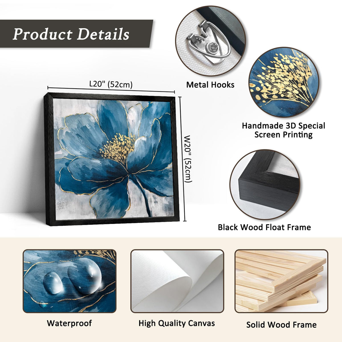 llribbons Framed Flower Wall Art Hand Painted Elegant Blue Peony Floral Canvas Pictures Indigo Gold Painting 3D Textured Prints Artwork for Living Room Bedroom Bathroom Office Home Decor 20" x 20"