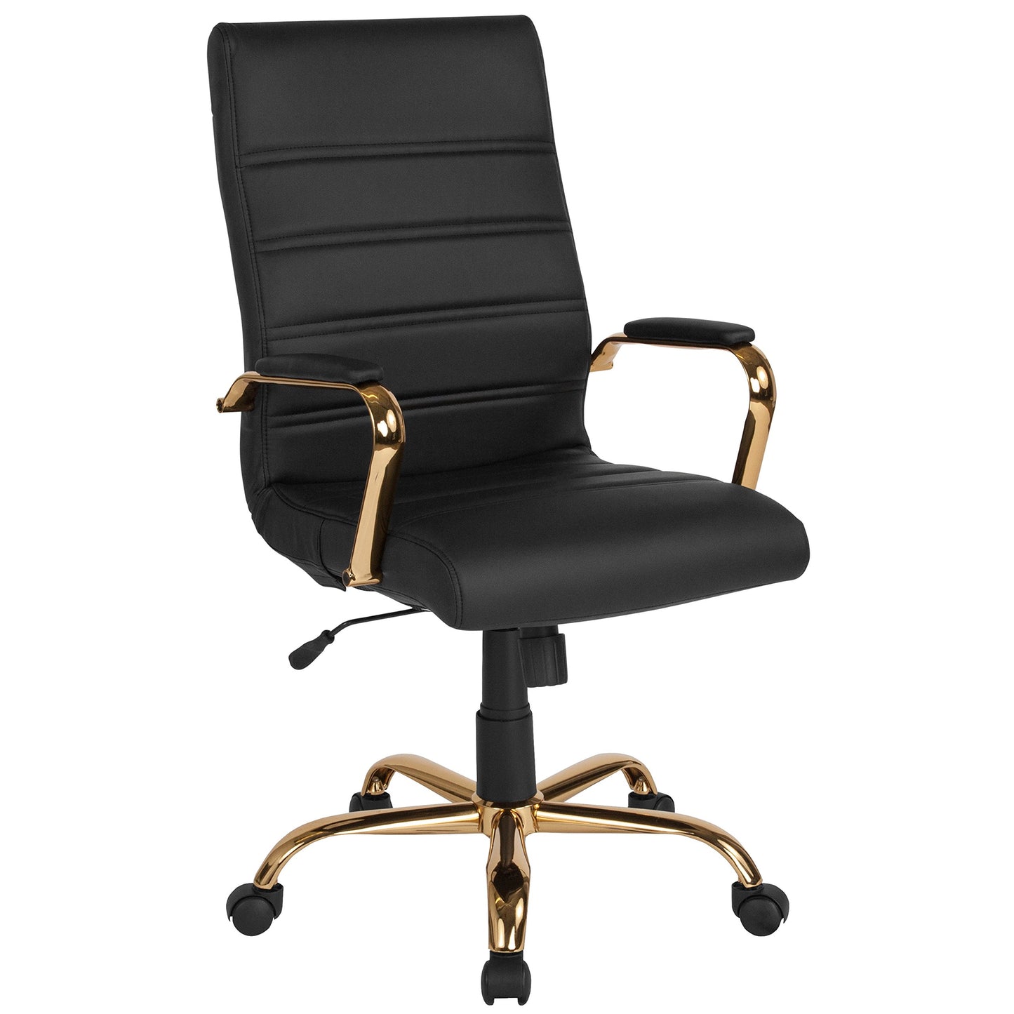 Flash Furniture Whitney High-Back Swivel LeatherSoft Desk Chair with Padded Seat and Armrests, Adjustable Height Padded Office Chair, Black/Gold