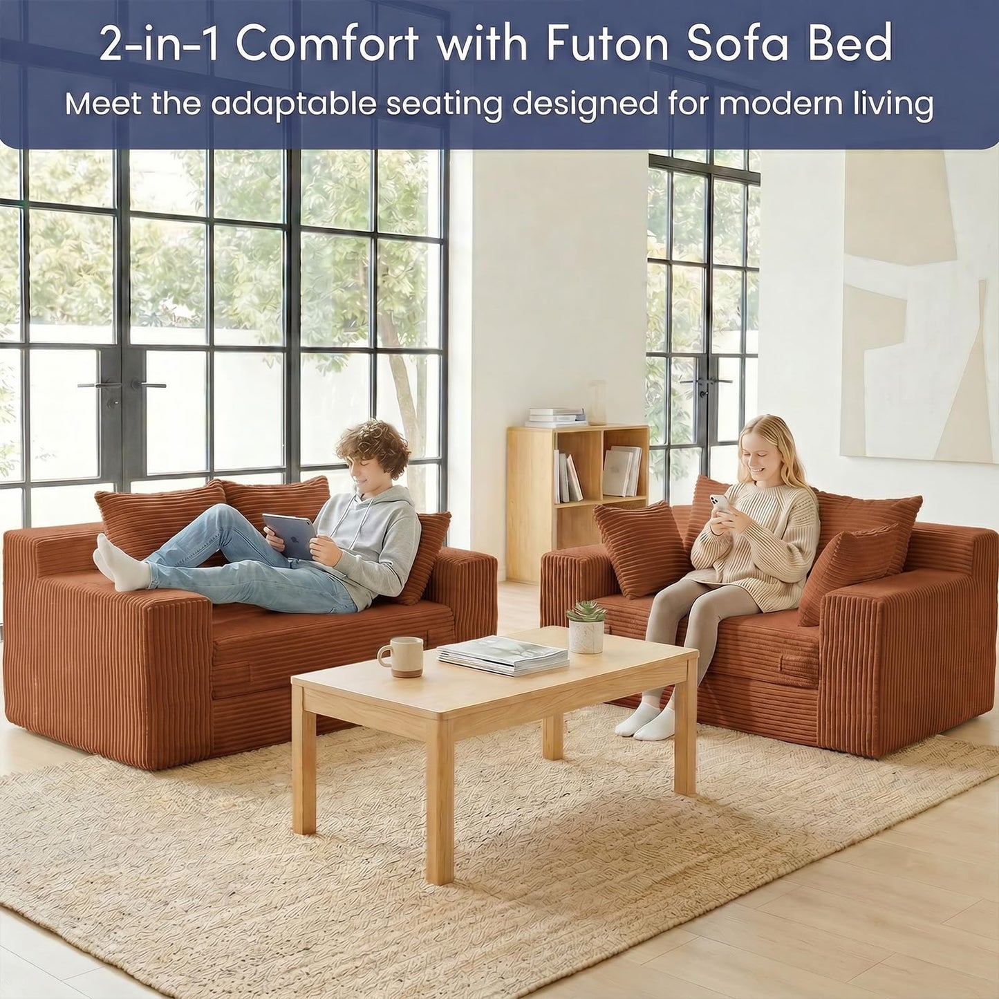 cidludto Convertible Sofa Bed, Boneless Couch 2 in 1 Loveseat Folding Couch Bed Foldable, Chair Bed & Futon Sofa Bed, Small Corduroy Pull Out Sofa with 4 Pillows for Living Room, Orange