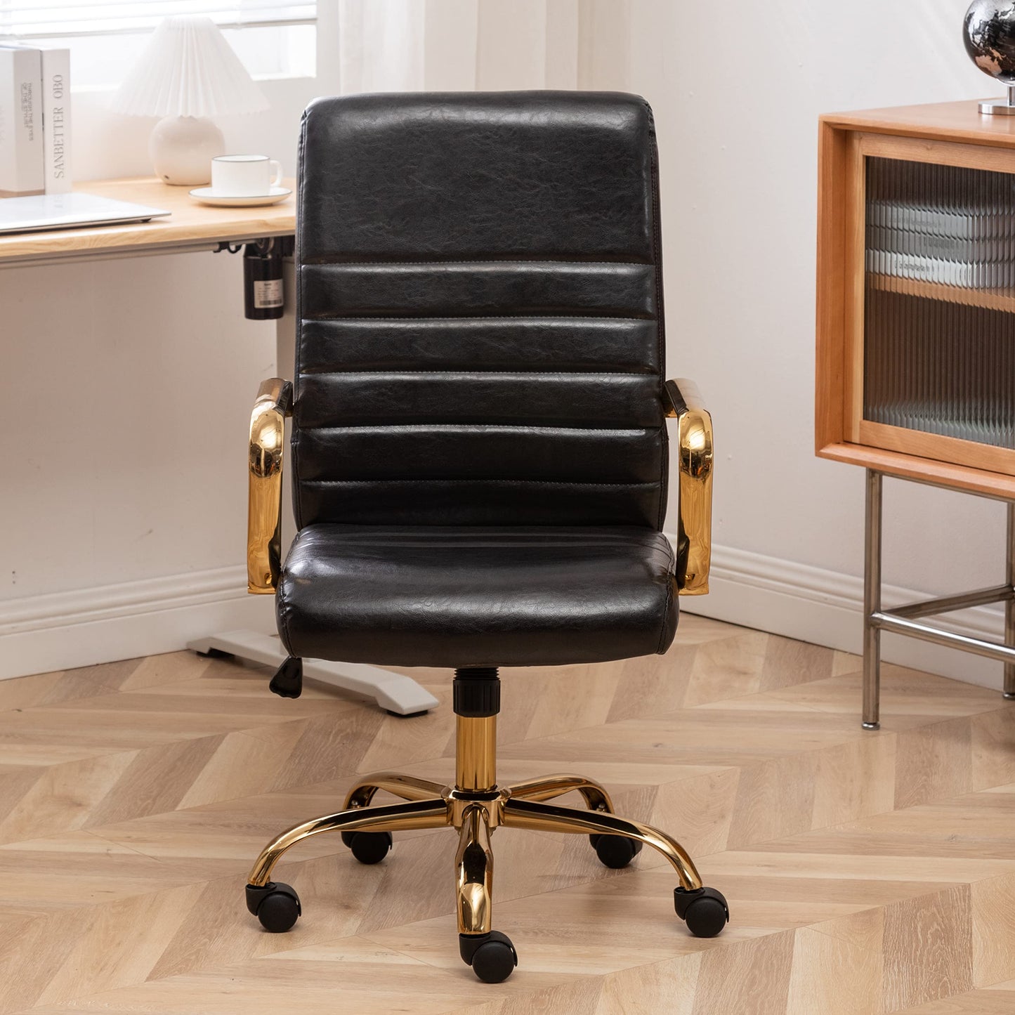 BTEXPERT Black Faux Leather Adjustable Home Office Golden Arms Exectuive High Back Manager Desk Chair, (5162BK)