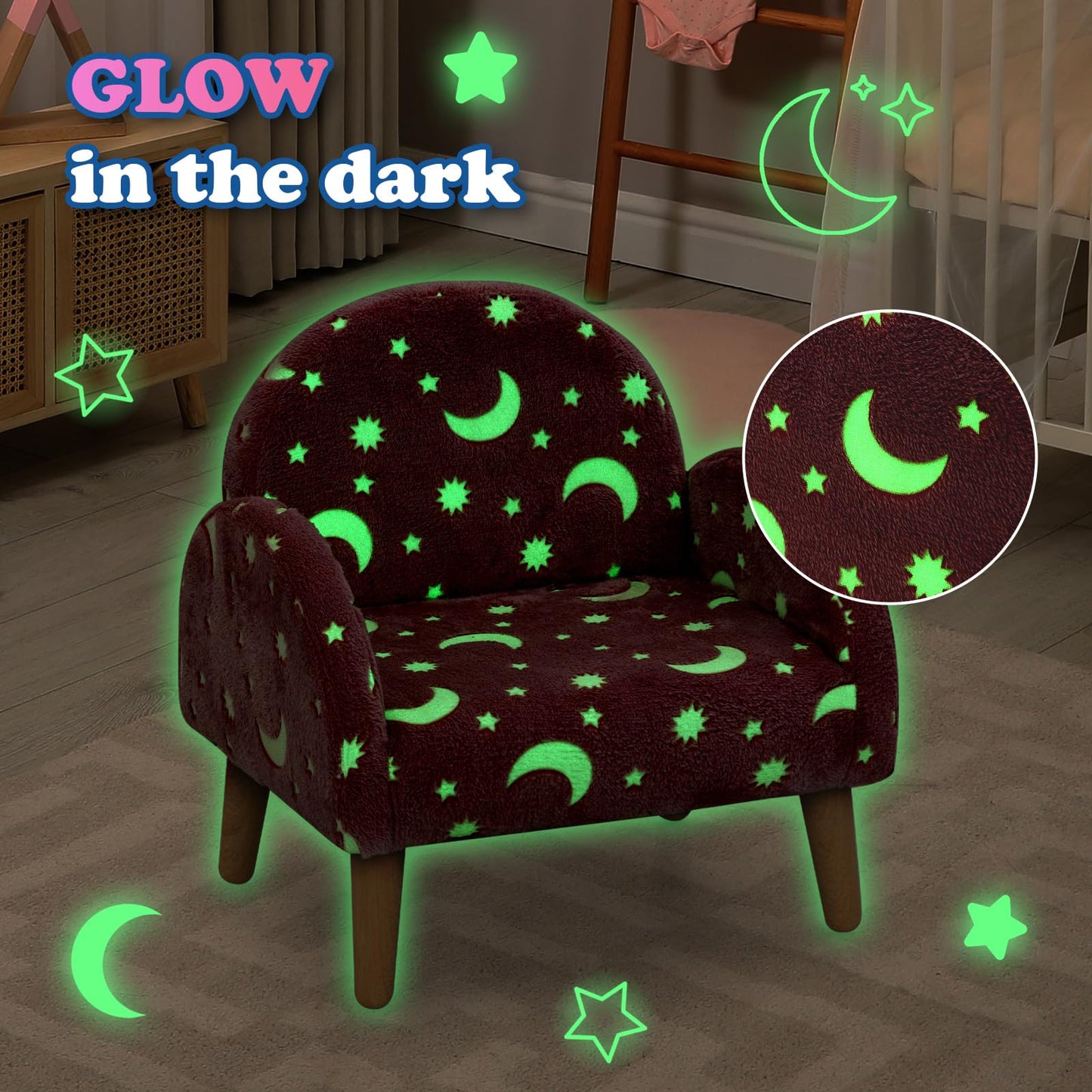 INFANS Kids Sofa with Glow in The Dark, Toddler Armchair Couch with Solid Wooden Frame Anti-Tipping, Upholstered Comfy Foam Children Chair for Kindergarten Playroom Preschool, Gift for Boys Girls