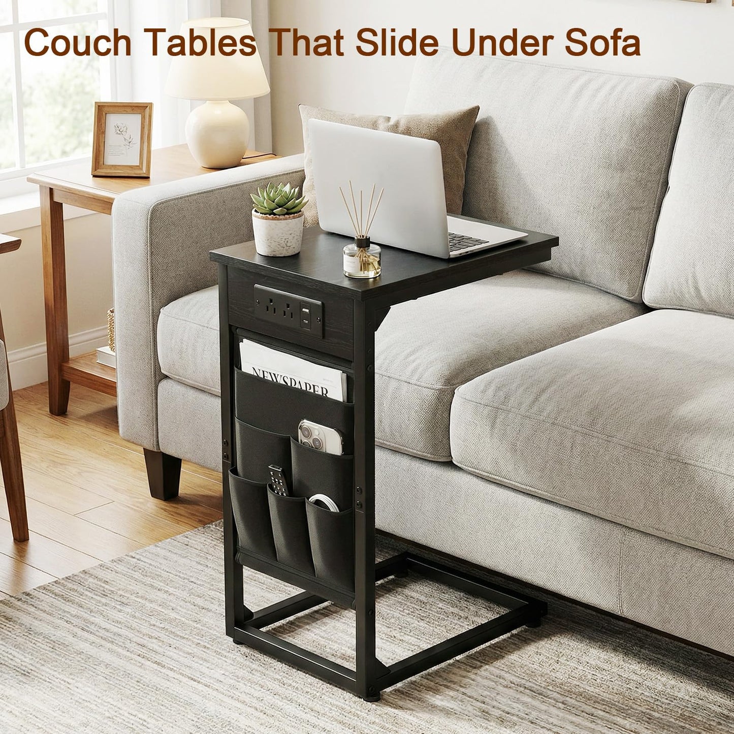 AMHANCIBLE C Shaped End Table with Charging Station, Couch Side Tables that Slide Under Sofa with Storage Bag, Slim TV Tray with USB Ports for Living Room, Bedroom, Black, HET04CBK