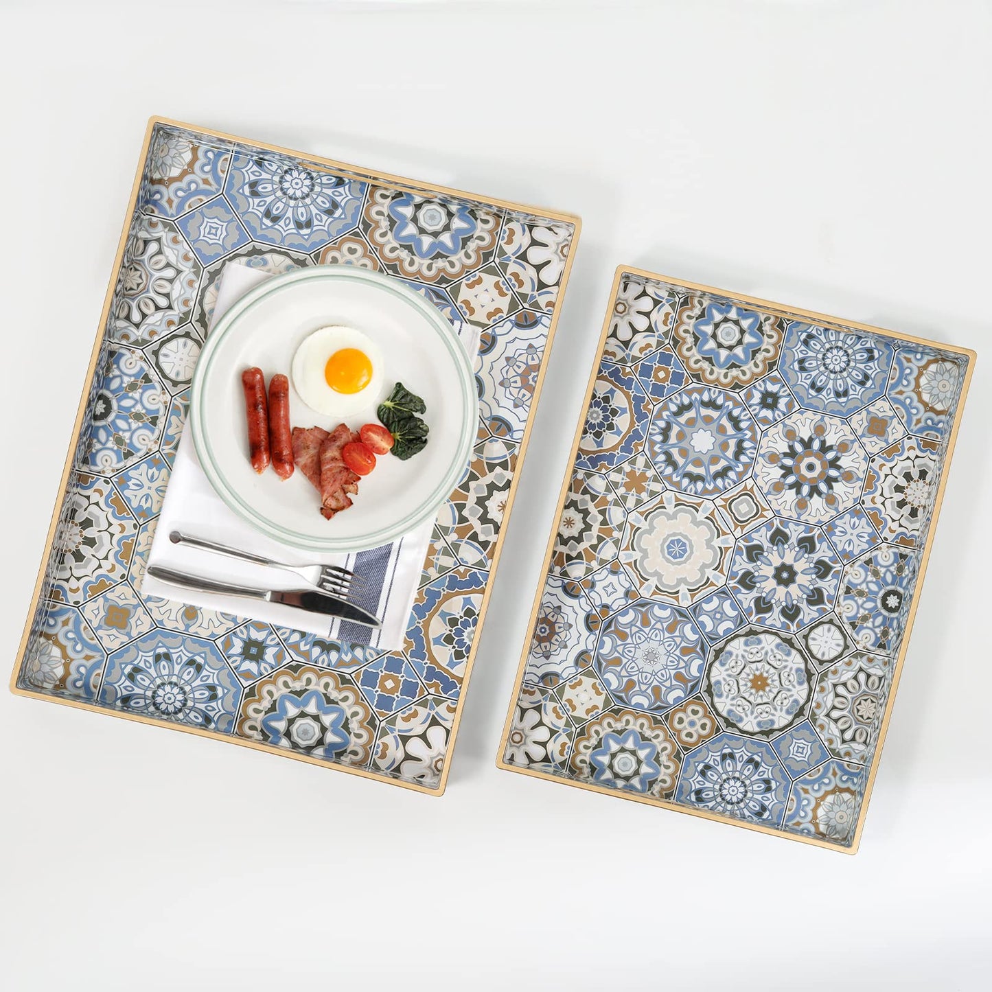 AGIOTA 2 Pcs Serving Tray with Handles Bohemian Decorative Tray Large Ottoman Trays for Living Room Blue Coffee Table Trays for Breakfast