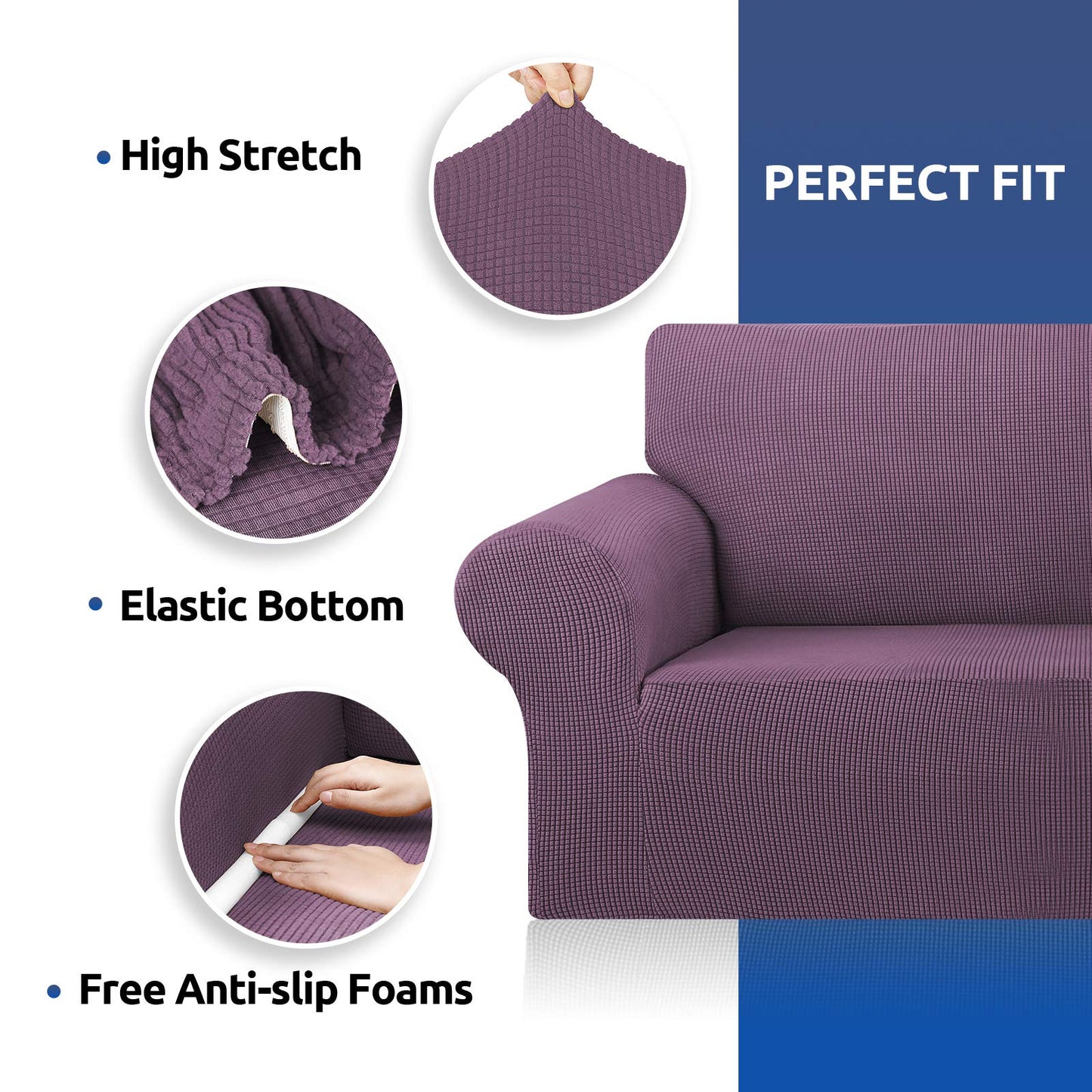KEKUOU Stretch Sofa Cover Slipcover ，Couch Covers for 3 Cushion Couch Sofa pet Friendly (78"-94") Furniture Protector Sofa with Elastic Bottom for Kids,Dog, Jacquard Small Checked(Large,Dark Purple)