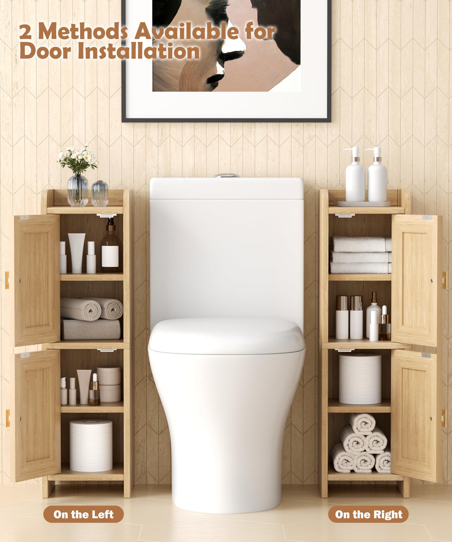 Akxomel Rattan Small Bathroom Cabinet with 2 Doors, 7.9''D x 7.9''W Narrow Toilet Paper Storage Cabinet, Bathroom Organizer for Small Spaces, Wooden Slim Corner Unit with Adjustable Shelf, Natural Oak