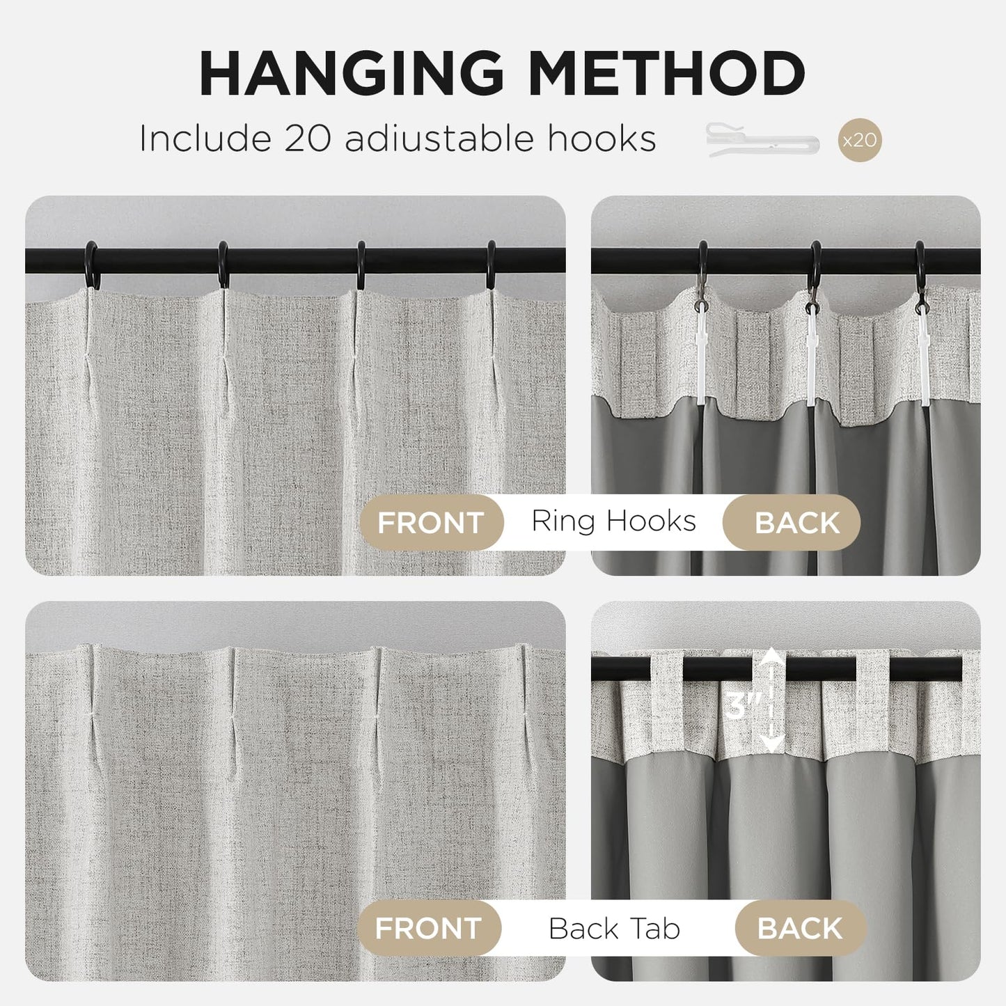 Joydeco Pinch Pleated Curtains - 100% Blackout for Bedroom, White Linen Curtains 40" W x 90" L, Thermal Insulated 2 Panels Light Blocking Drapes, Back Tabs for Living Room
