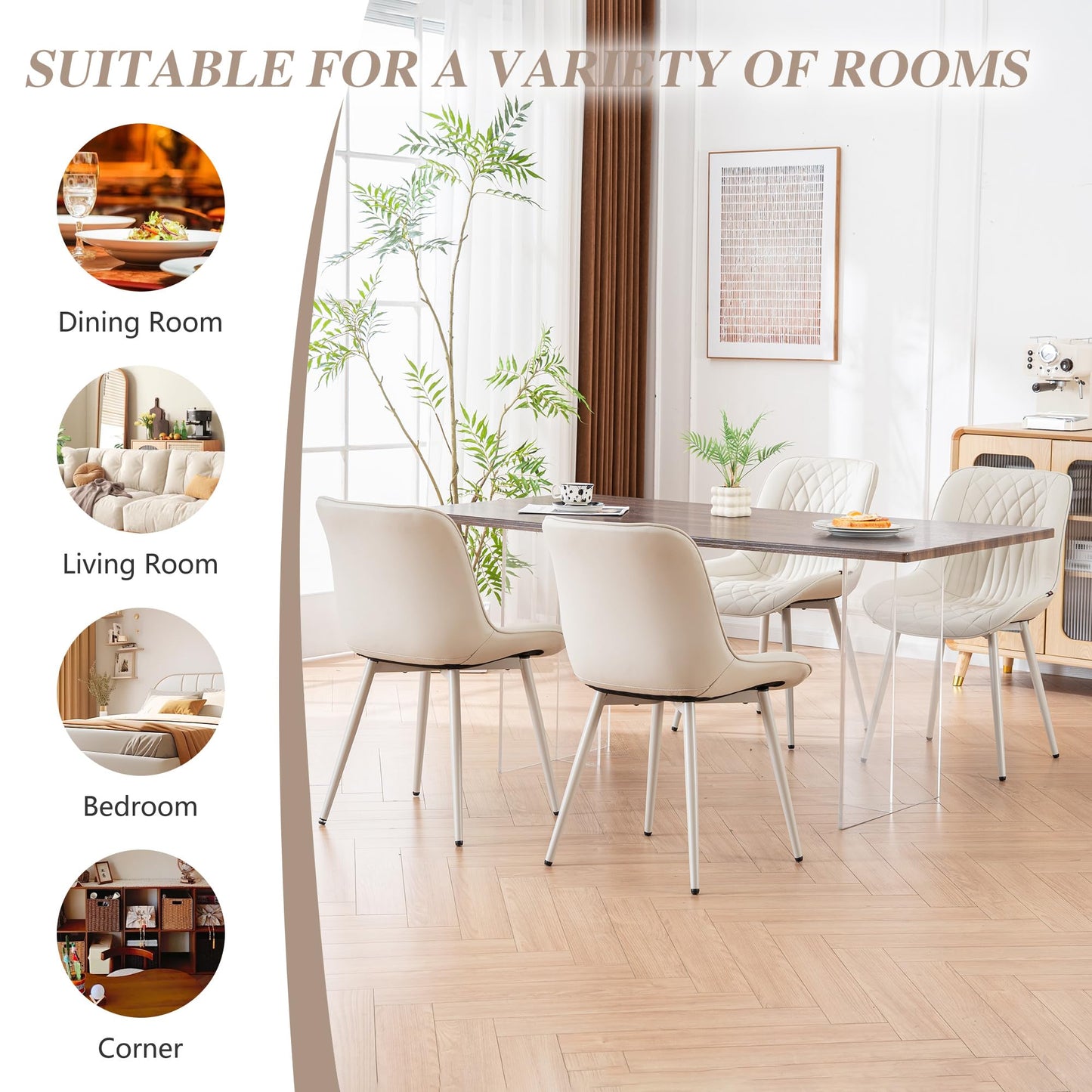 YOUNIKE Cream Faux Leather Dining Chairs Set of 2 Mid-Century Modern High Padded Back Comfy Upholstered Kitchen Chairs with Metal Legs Wide Seat Accent Side Chair for Dining/Living/Waiting Room