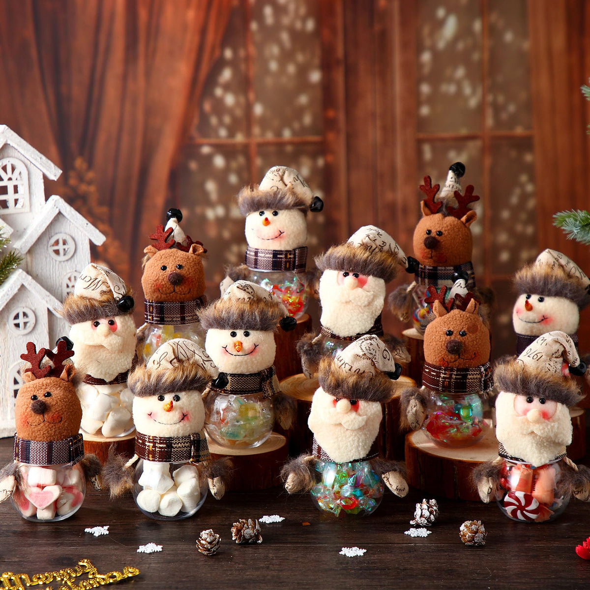 12 Pcs Christmas Candy Jars with Snowman Santa Elk Doll Lid 5.91 x 3.15 Inch Plastic Clear Christmas Cookie Jar Snack Food Storage Container for Home Decoration Xmas Gifts Holiday Party Favors