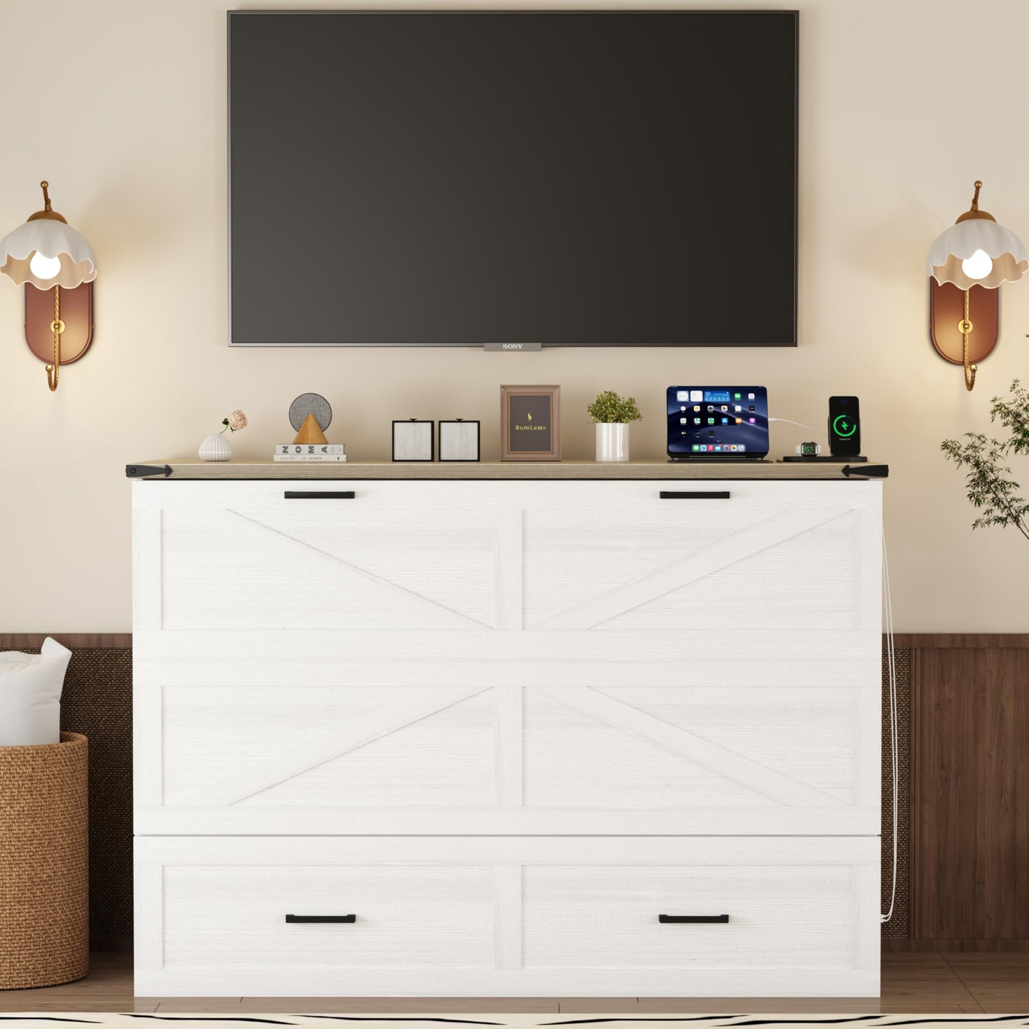 BOVTE White Farmhouse Queen Murphy Cabinet Bed with Charging Station, Foldable Platform & Large Storage Drawer for Guest Rooms