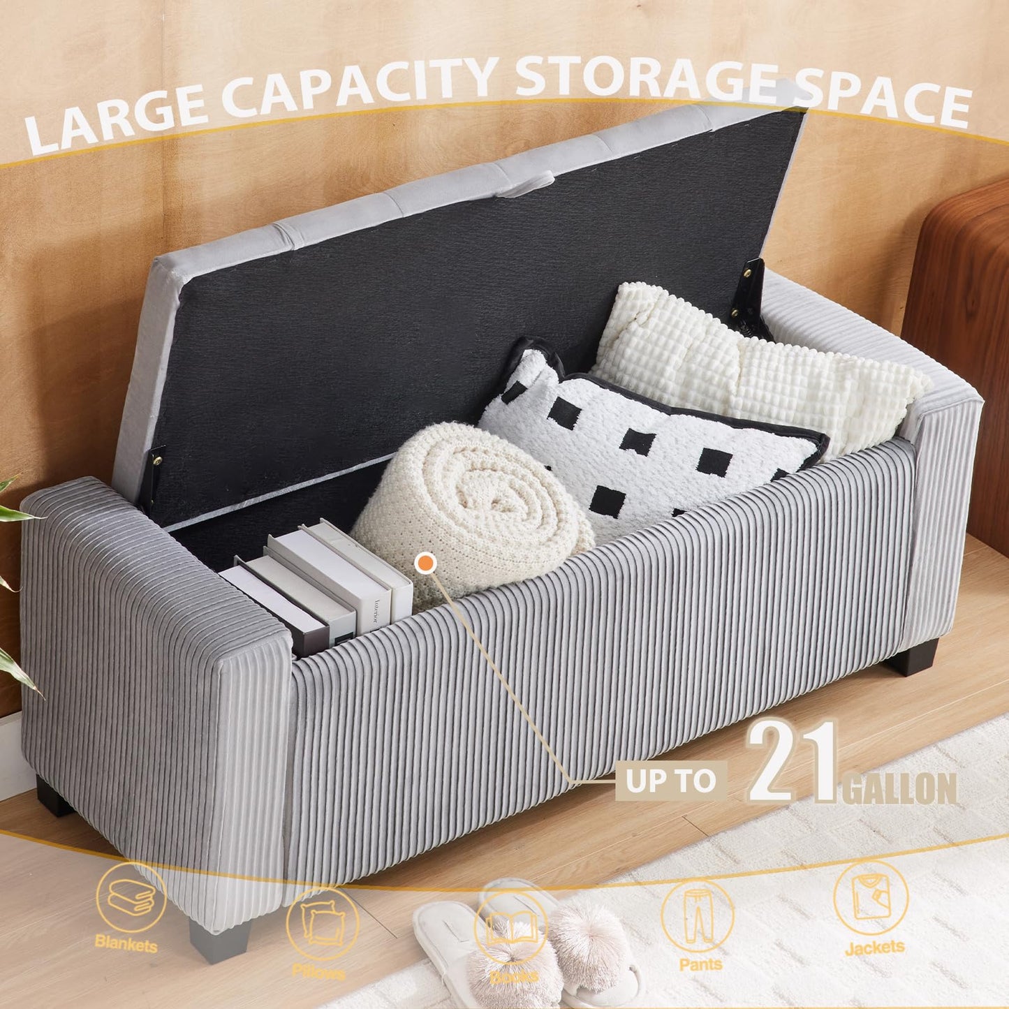 2BYF 43" Ottoman Bench with Storage for Bedroom, Comfort Upholstered End of Bed Storage Bench with Safety Hinges, Sturdy Wooden Footstool & Shoe Bench for Living Room, Entryway (Grey)