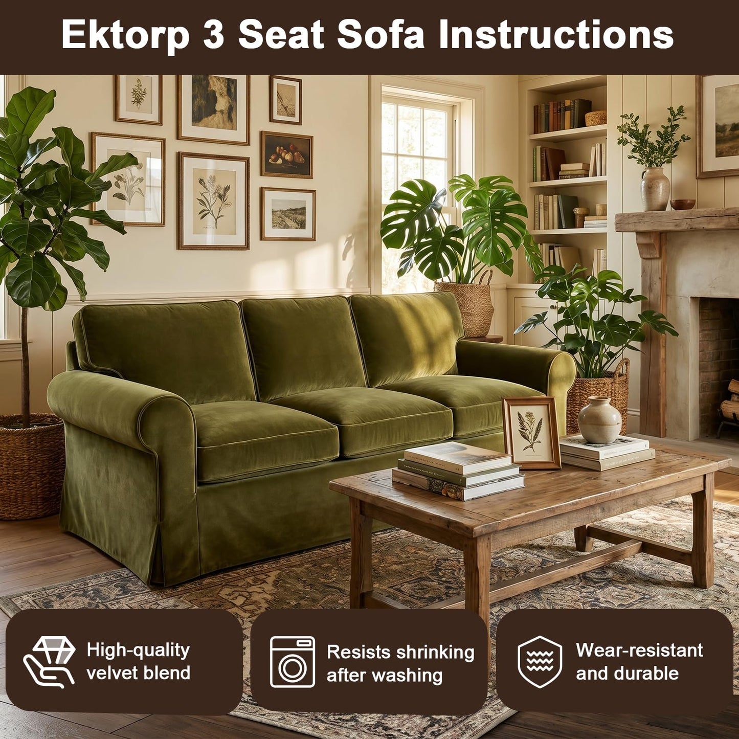 Velvet Pet-Friendly Replacement Sofa Cover Compatible for IKEA Ektorp 3 Seat Sofa Slipcovers, Couch Cover Only, 7-Piece Slipcover, Green, Couch Cover Not Include The Sofa Body