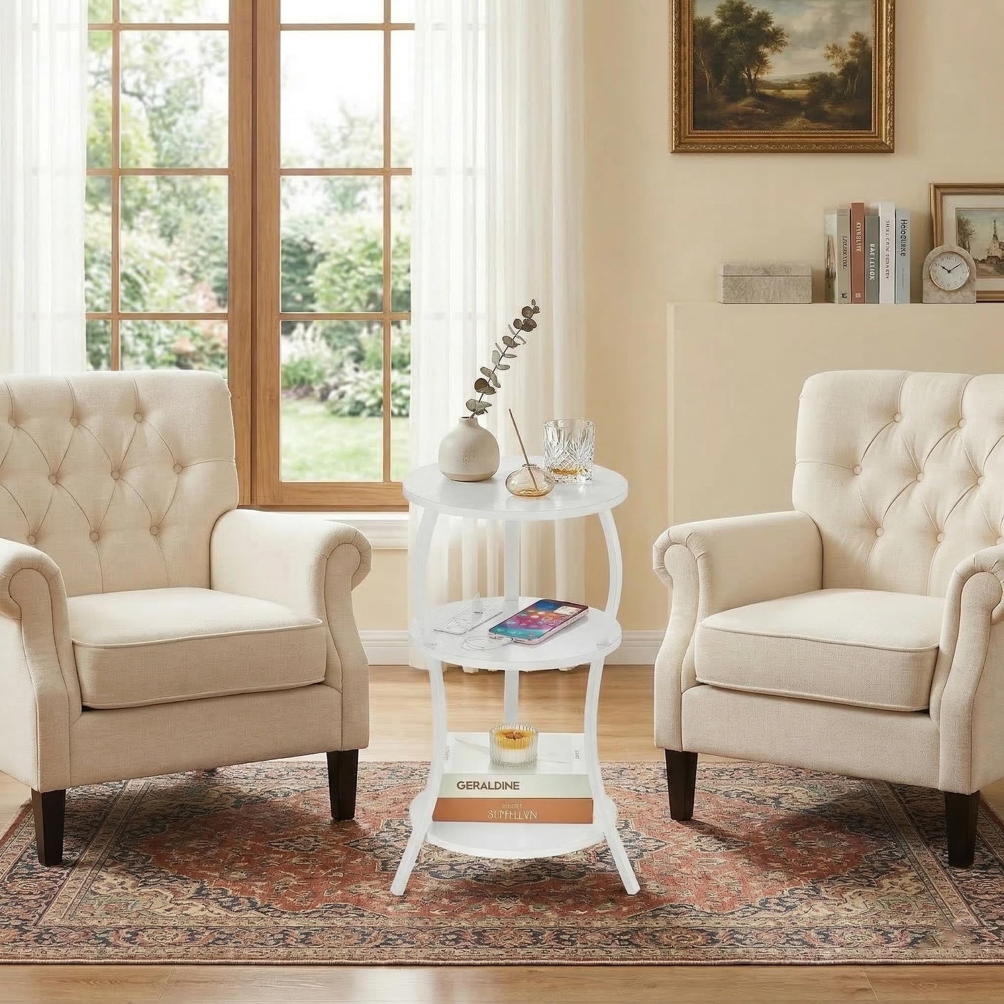 Small Round Side Table with Charging Station, 3-Tier Waist Circular End Table with Storage Shelf, Compact Tea Sofa Side Table Small Spaces, Round Corner Coffee Table for Living Room Bedroon,White