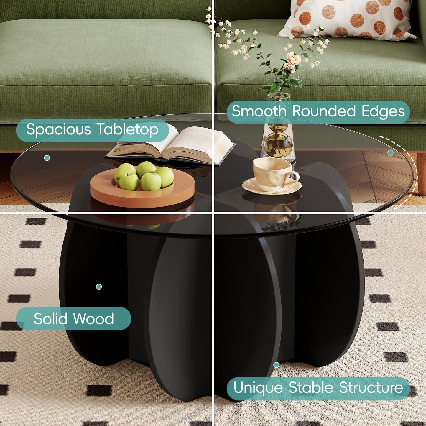 JCAJCA Coffee Table for Living Room Mid Century Modern Round Center Table with Glass Top, Black