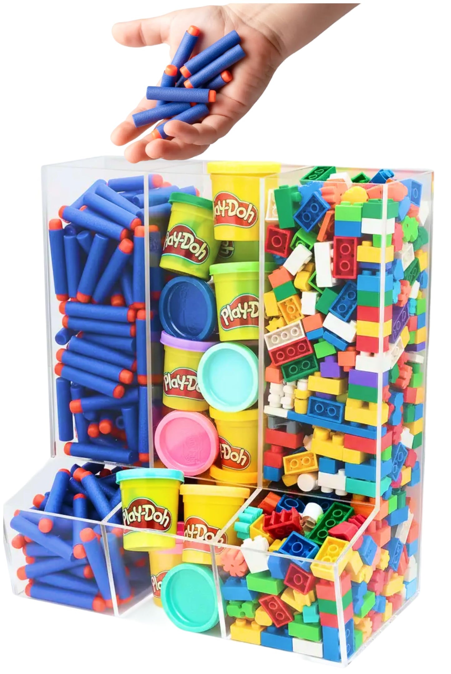 SimplyImagine Triple Acrylic Toy Dispenser for Kids - Self-Serve Snack & Toy Foam Blasters, Car Storage for Wall or Countertop - Clear 3-Compartment Hanging Organizer for Playroom & Nursery - 12.5" H
