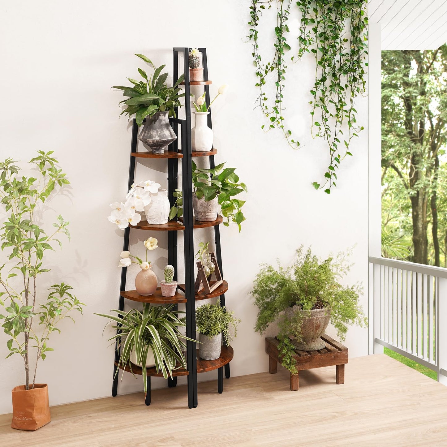 Yoobure Corner Shelf, 4-Tier Corner Bookshelf with Metal Frame & Wood Ladder Shelves - Display Shelf & Tall Bookcase, Plant Stand for Home Decor - Bedroom, Living Room, Office