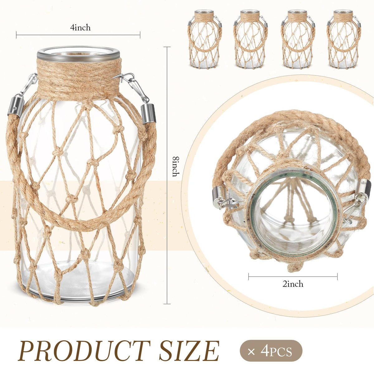 Set of 4 Rope Net Dry Flower Glass Vase 7.9 x 4 Inches Wicker Farmhouse Vase Coastal Decor for Wedding Tables Home Rustic Hanging Mason Jar Rope Wrapping Decorative Bottles Nautical Decor