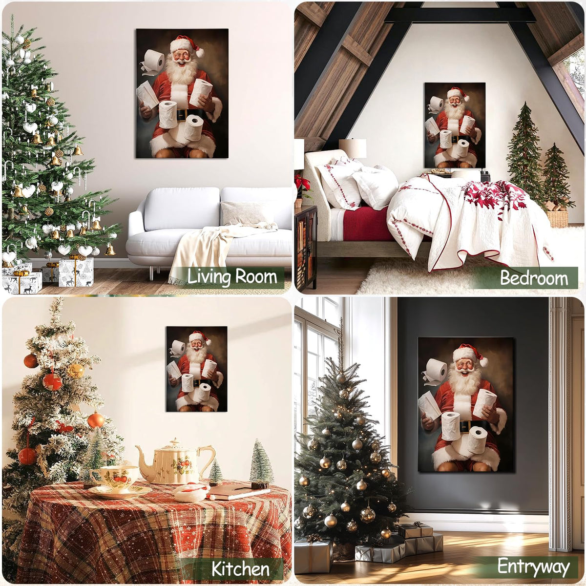 Funny Santa Christmas Canvas Wall Art for Bathroom, Humorous Framed Canvas Prints Ready to Hang, Unique Christmas Gifts for Home & Office Christmas Decorations