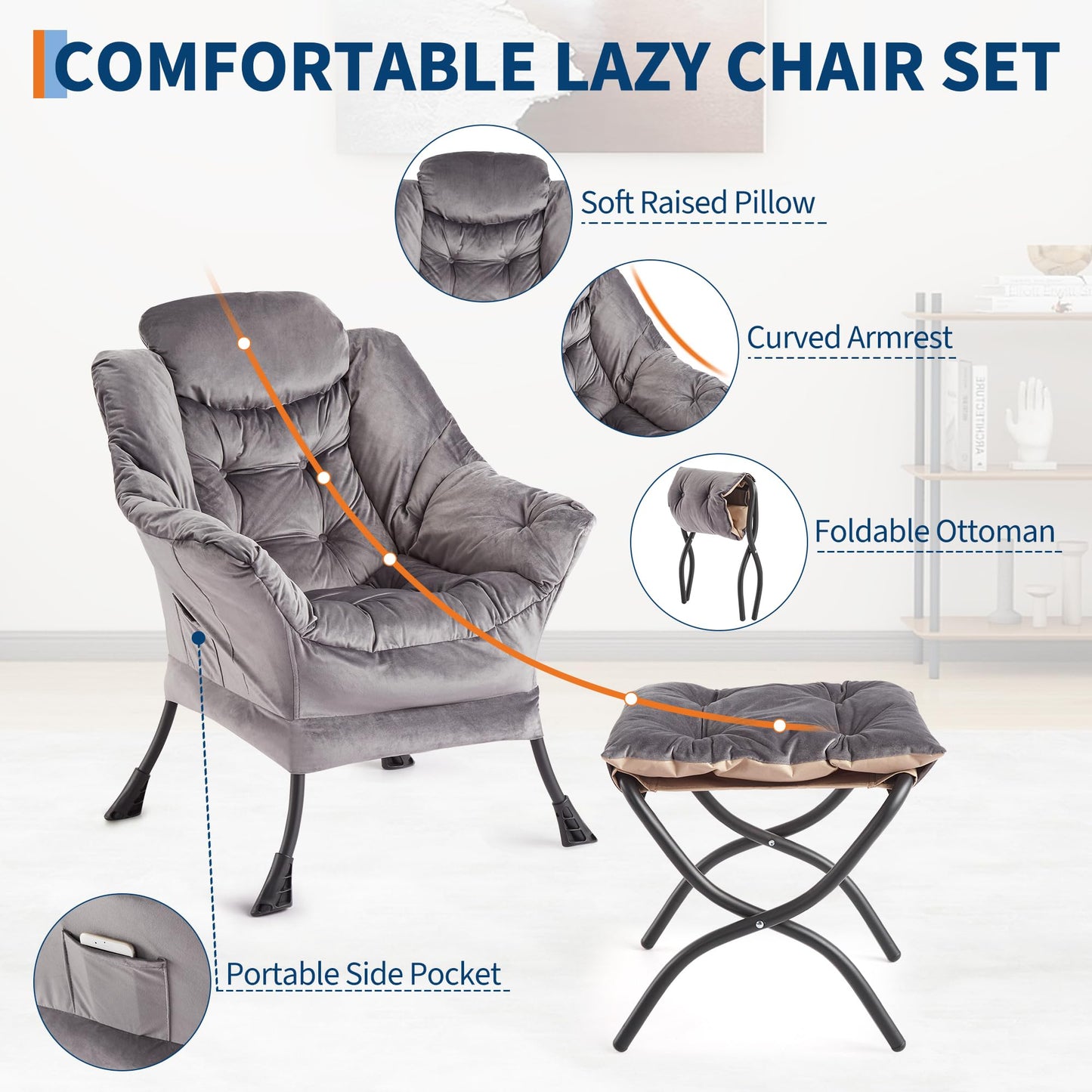 GarveeHome Lazy Chair with Ottoman, Modern Lounge Accent Chair, Leisure Sofa Armchair with Footrest, Reading Armchair with Side Pocket for Living Room, Bedroom, Dorm & Office (Dark Grey, 1PCS)