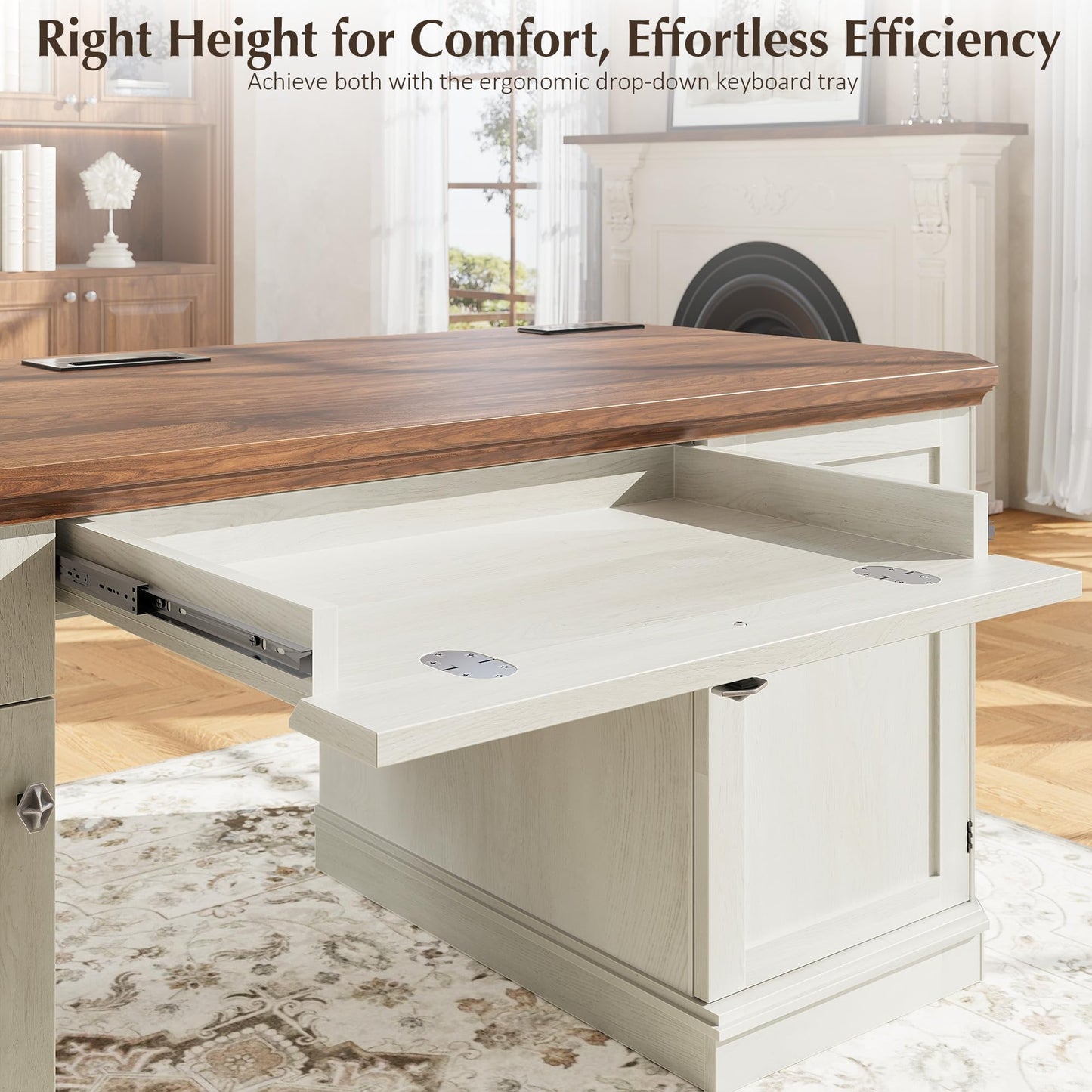 AMBERHAUS 59" Classic Executive Desk with Storage, Victorian Executive Desk with Charging Station, Keyboard Tray, 3 Drawers & Cabinet Storage & Pedestal, Easy Assembly, White