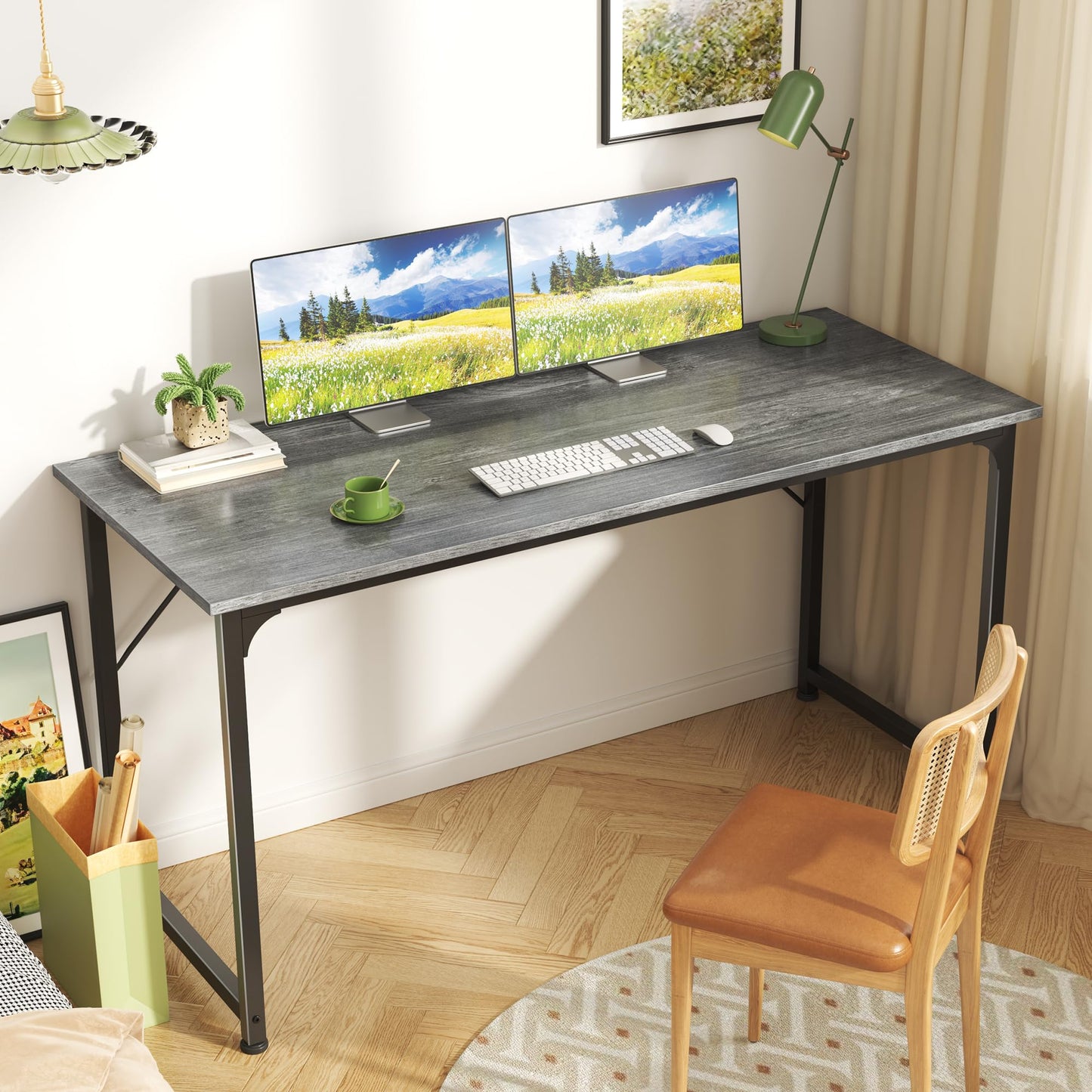 Huuger Computer Desk, 55 Inch Home Office Desk, Gaming Writing Work from Home Study Desk, Large Legroom, Sturdy Metal Frame, Modern Simple, Grey