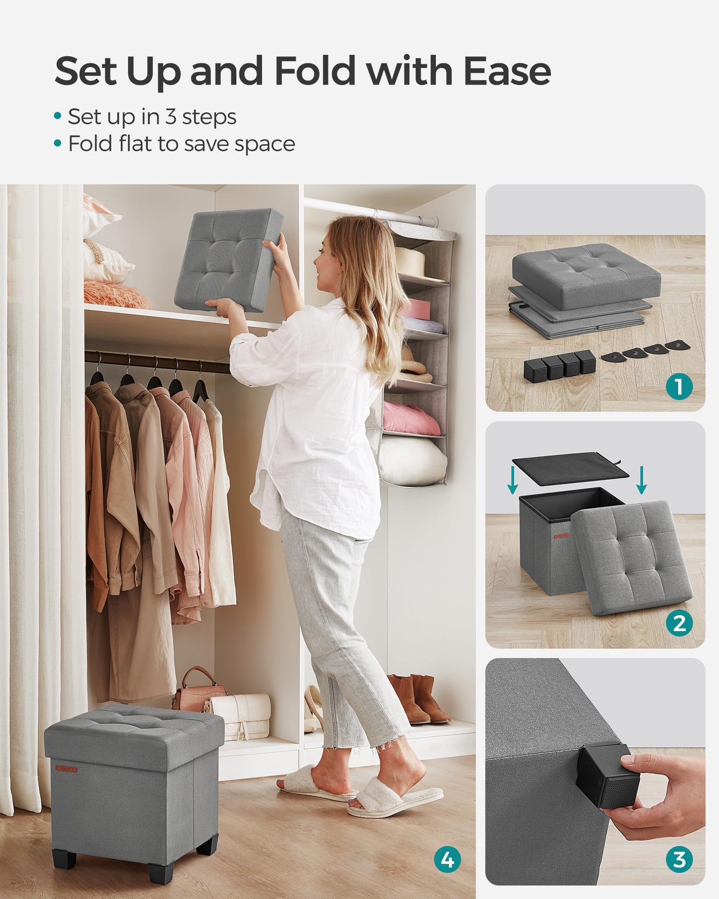 SONGMICS Storage Ottoman, Small Ottoman Foot Rest with Legs, 15 x 15 x 15.7 Inches Foot Stool, Load up to 660 lb, for Living Room, Bedroom, Dorm, Dove Gray ULSF014G02