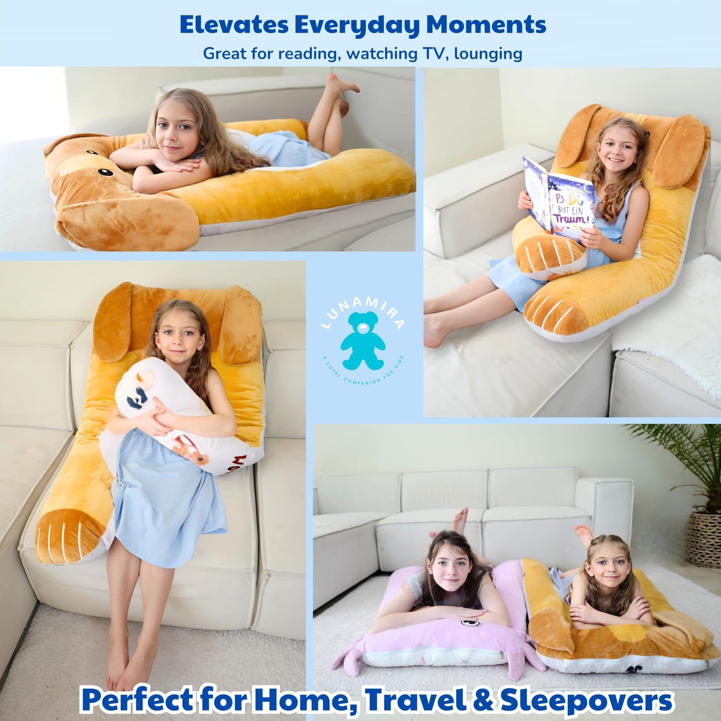 LUNAMIRA Dog Kids Body Pillow - 47" U-Shape Long Plush Soft Animal Pillow for Sleeping, Reading, ADHD & Special Needs Comfort, Anxiety, Washable Cover, Snuggle Fun Cuddle Pillow for Boys & Girls